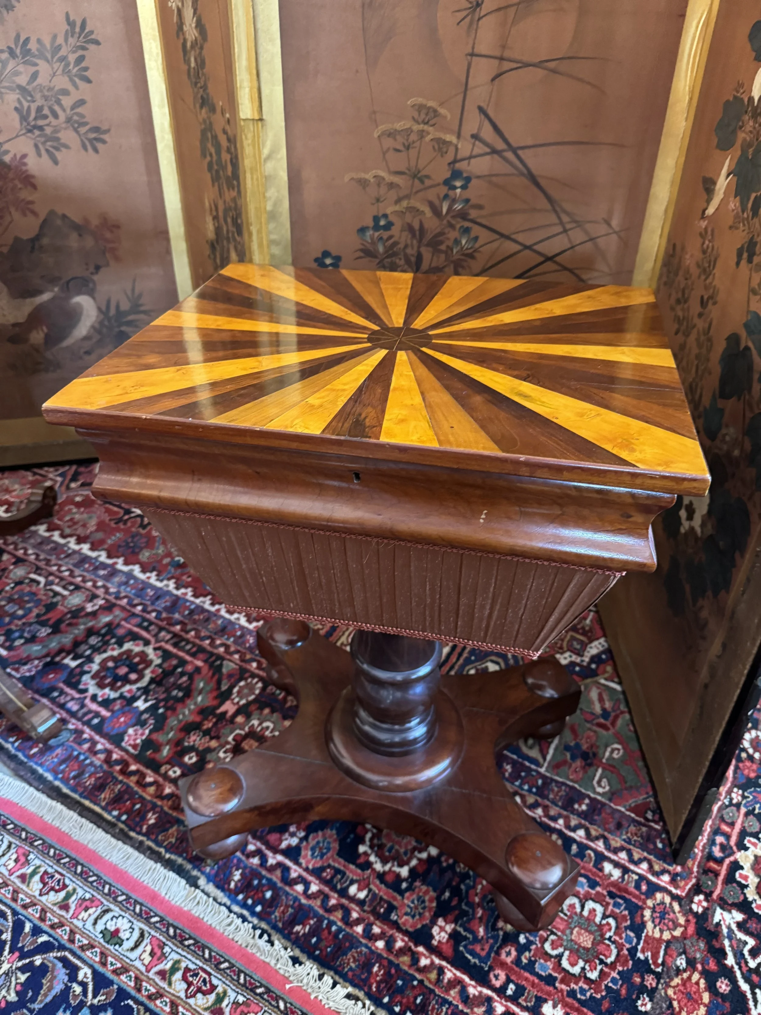 This is a picture of a superb antique Australian colonial period cedar, huon pine and specimen timber work table c1840.