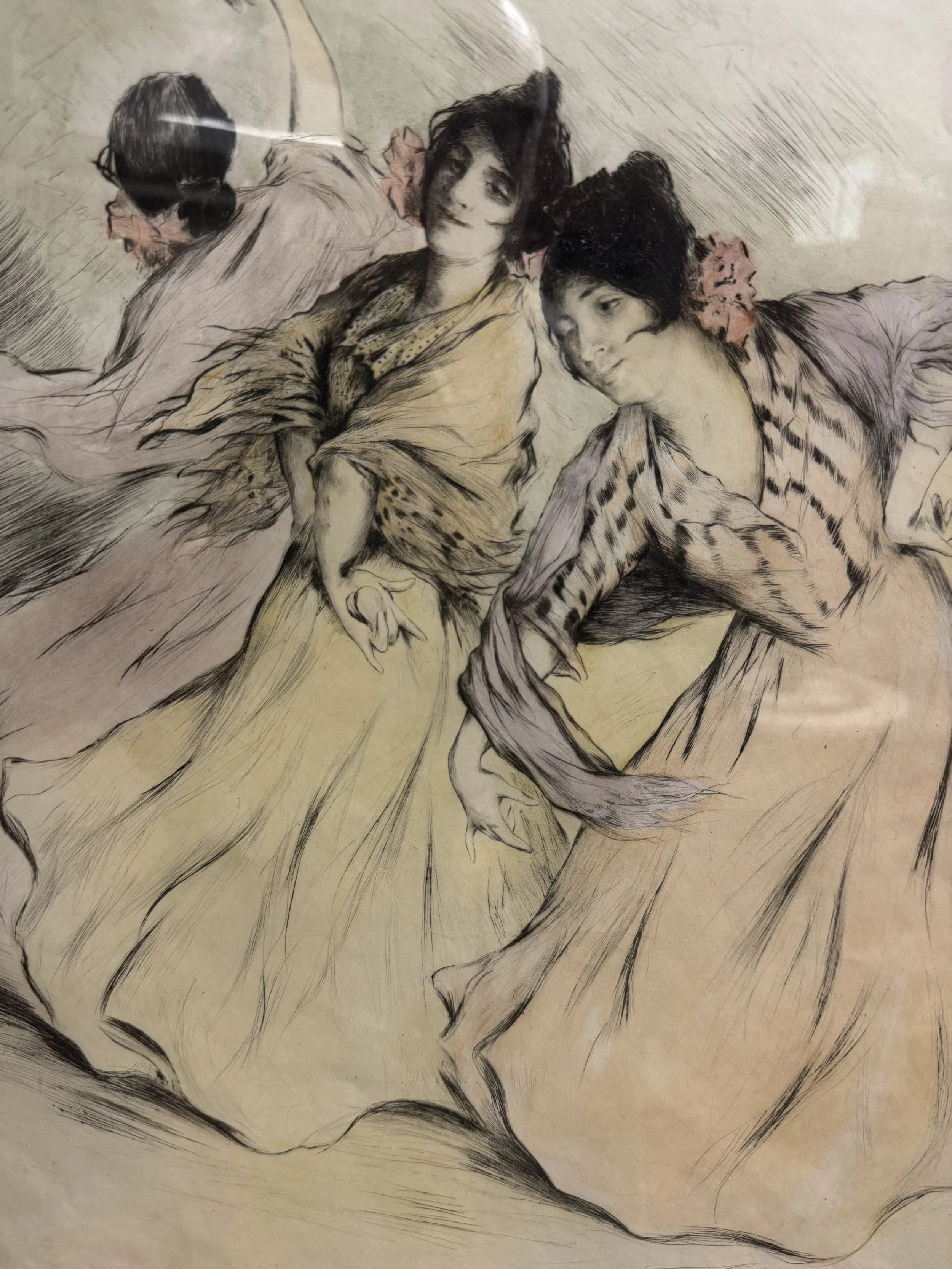 This is a picture of a charming coloured drypoint called "Women Dancing" produced c1900 by Allan Österlind.