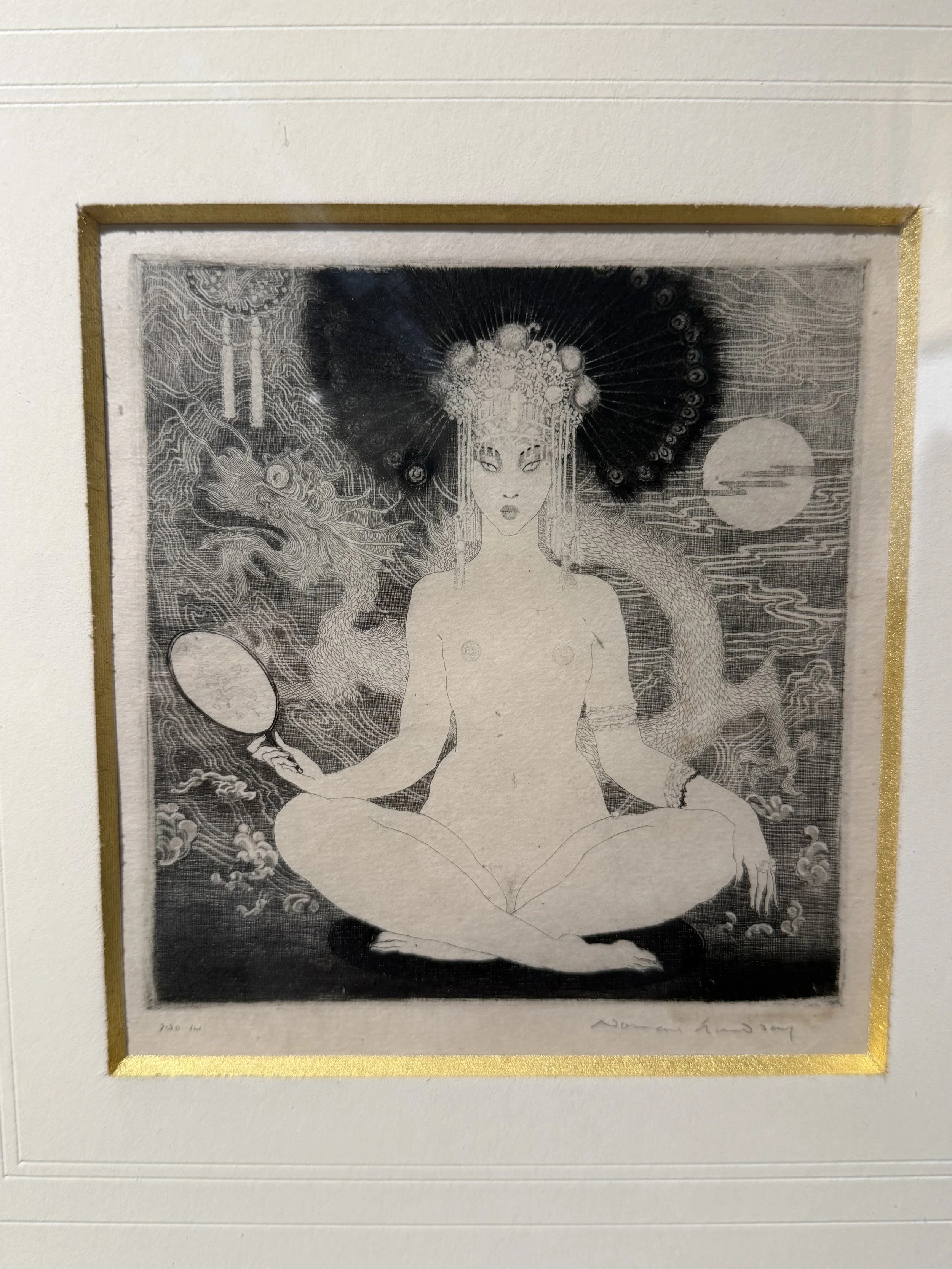 This is a picture of a rare etching by Norman Lindsay called “The Yellow Lady” numbered 14, from ‘Idylla, 1922’, a book of poems by Hugh McCrae.