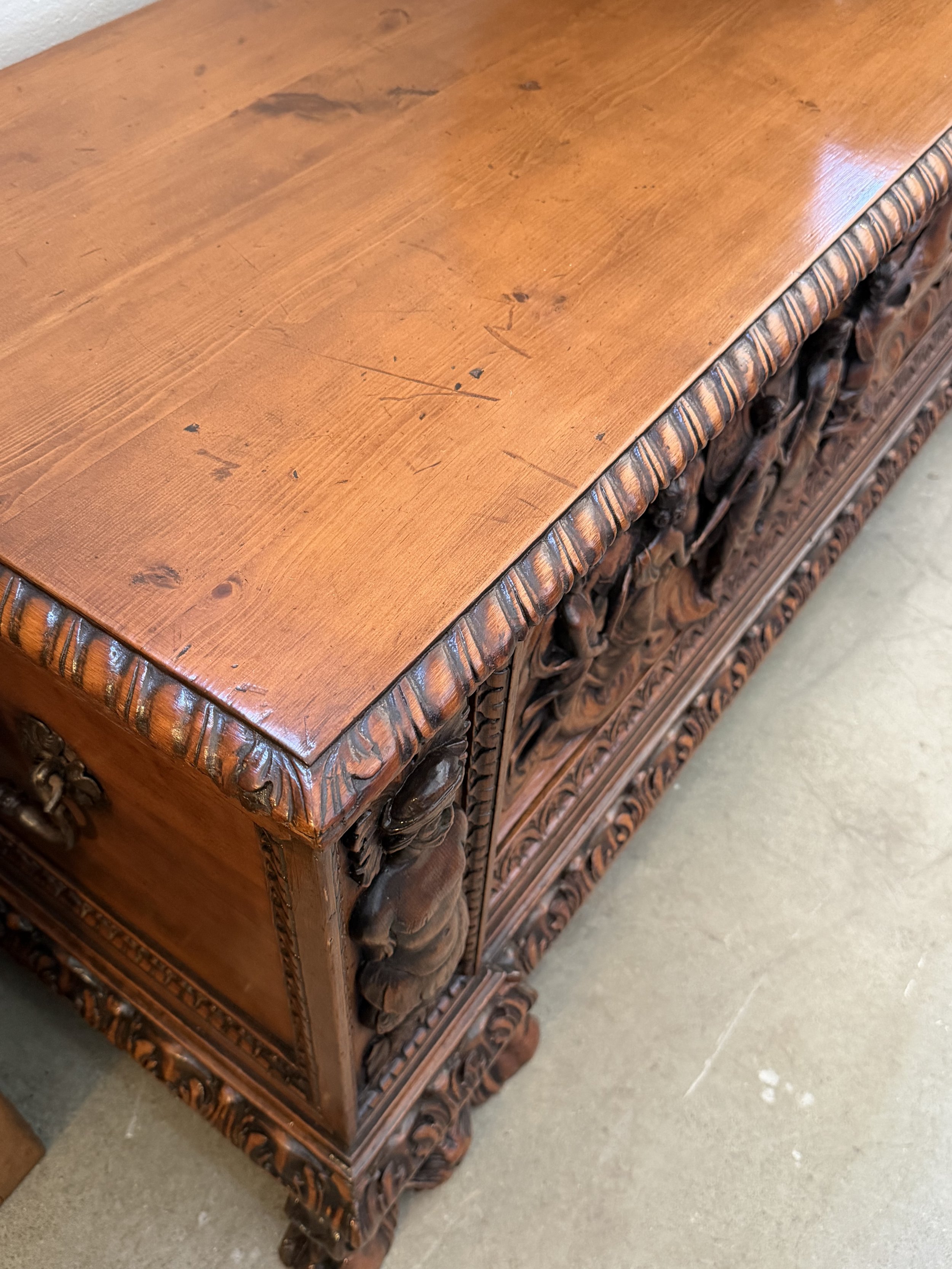 This is a picture of a fabulous and very decorative late 19th century Italian Renaissance Revival carved pine cassone.