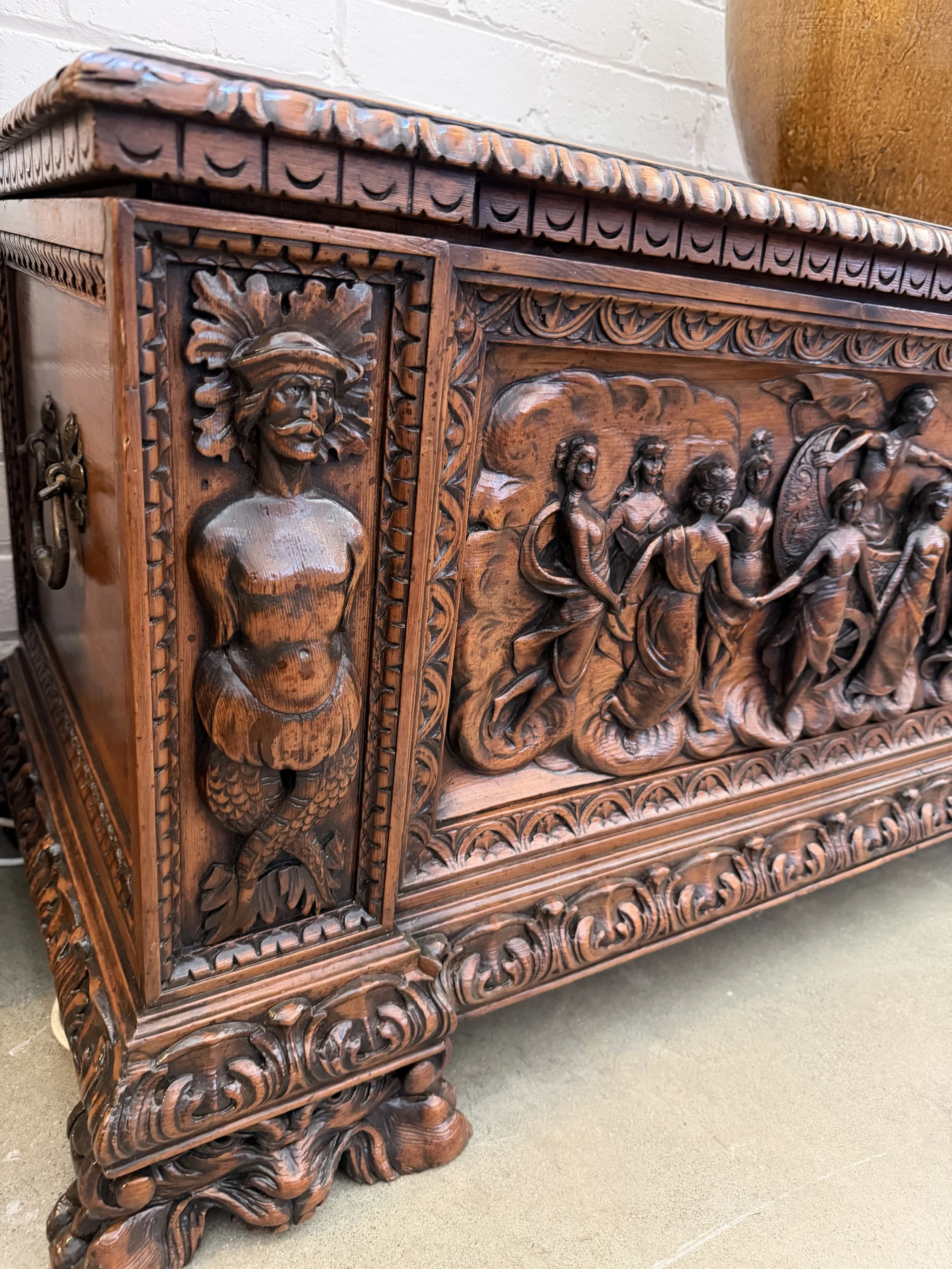 This is a picture of a fabulous and very decorative late 19th century Italian Renaissance Revival carved pine cassone.