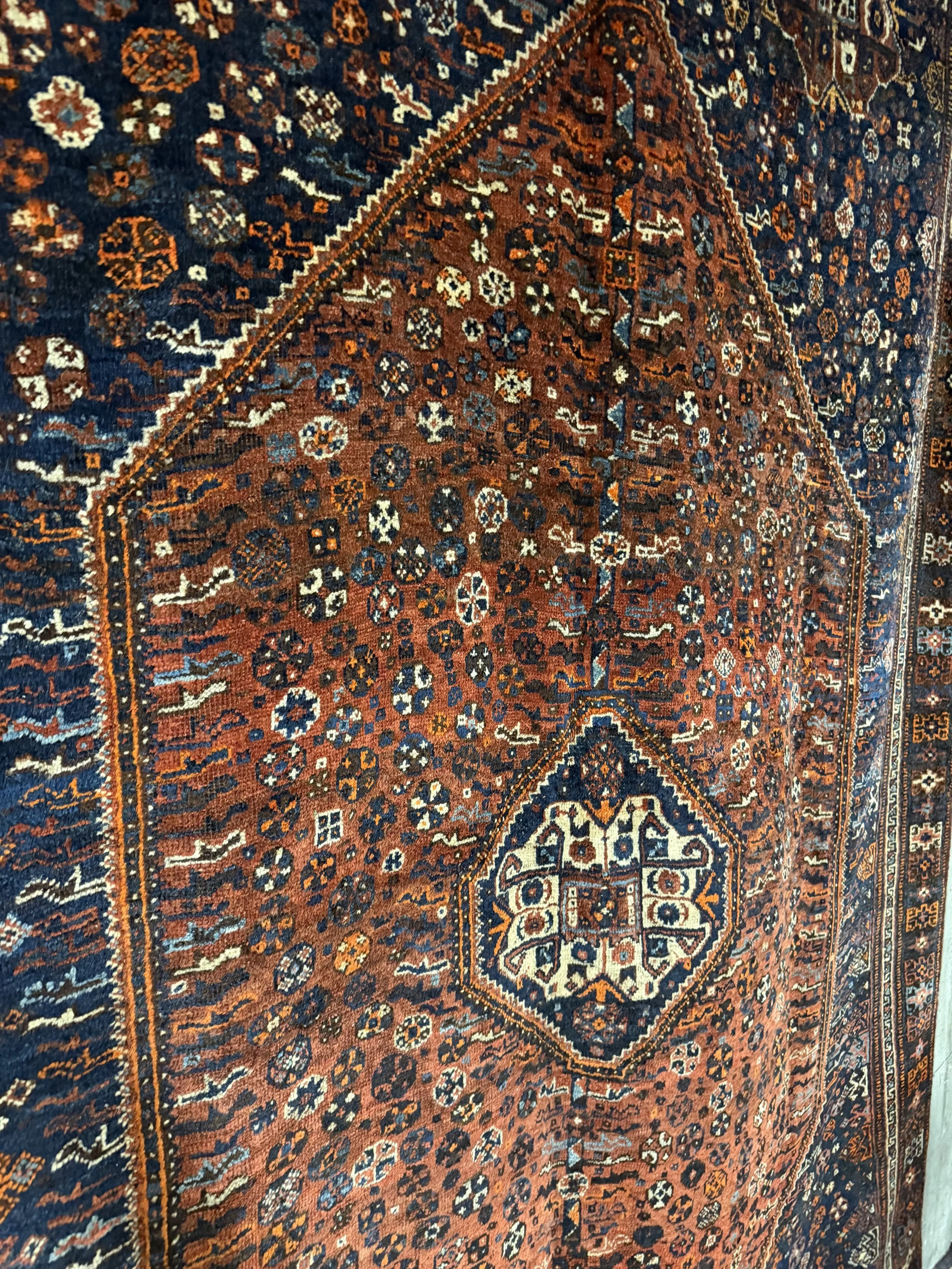 This si a picture of a superb wool on will hand knotted Persian Shiraz Mezit carpet c1920 with great colours and overall design.
