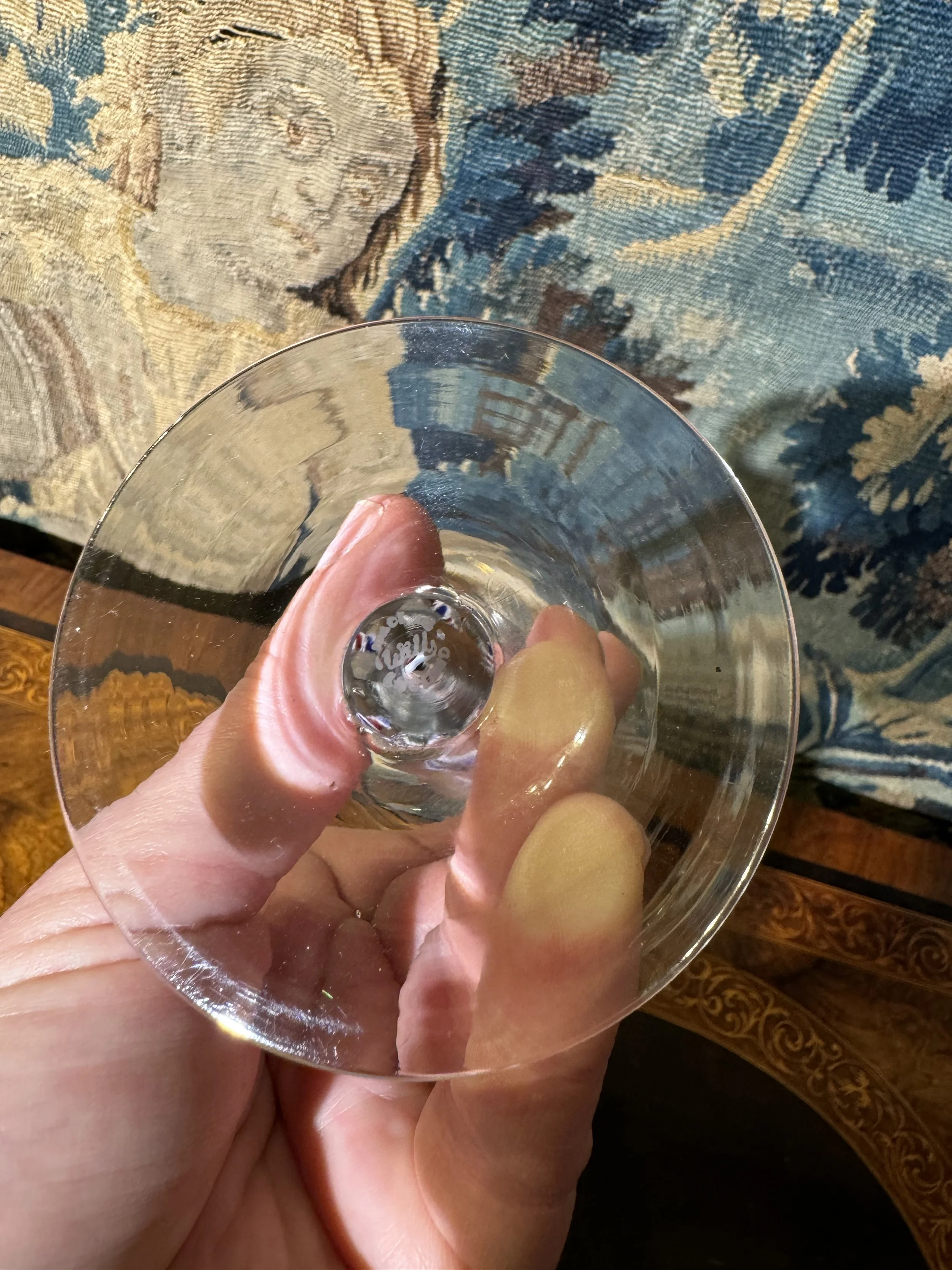 This is a picture of a fine and rare George VI Webb & Co engraved and enamel twist stem glass made for the 1937 coronation of King George VI, signed to the base.