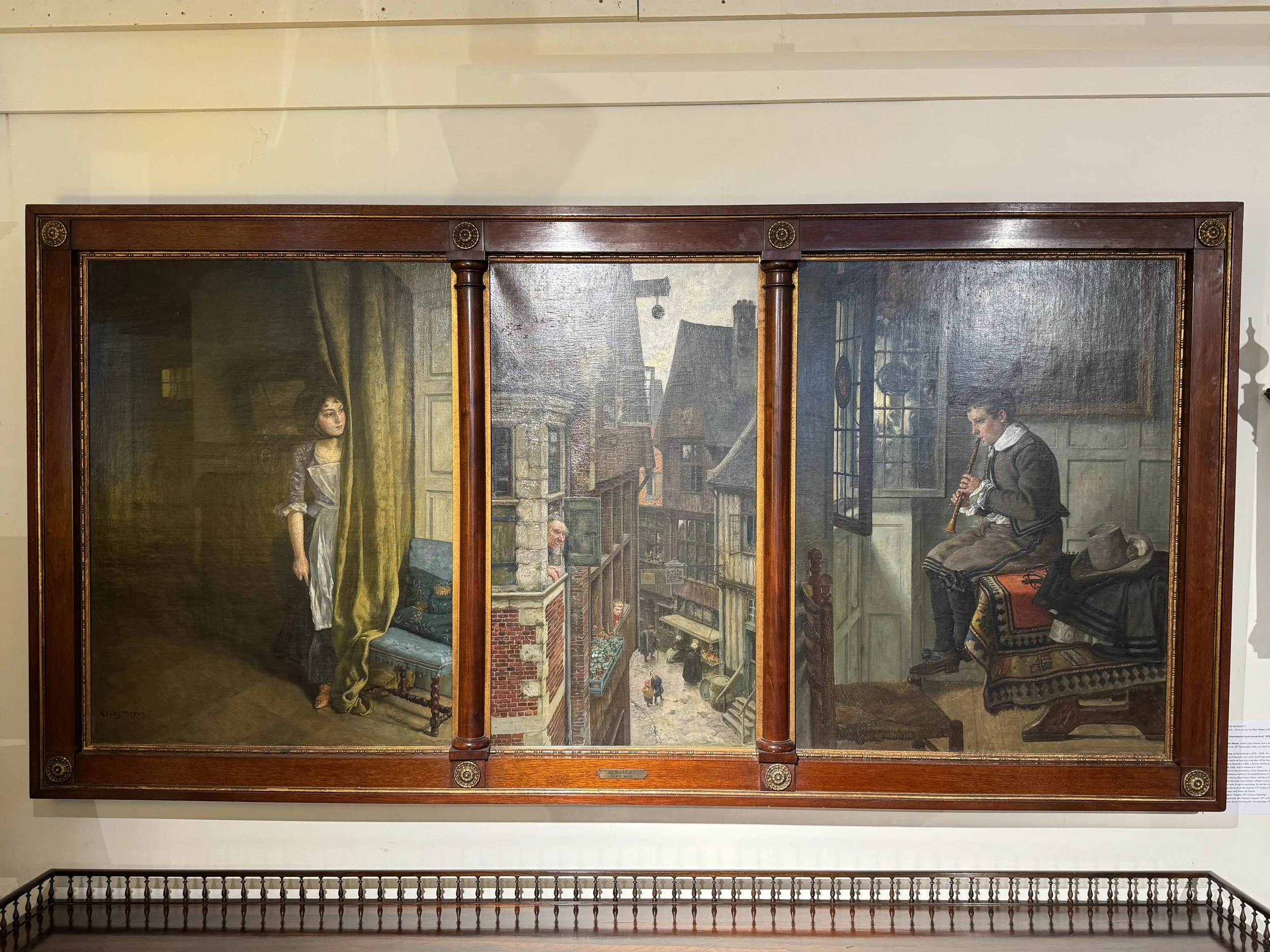 This is a picture of a triptych oil painting called The Neighbours or Die Nachbarn by Claus Meyer which was  exhibited in Berlin in 1896.