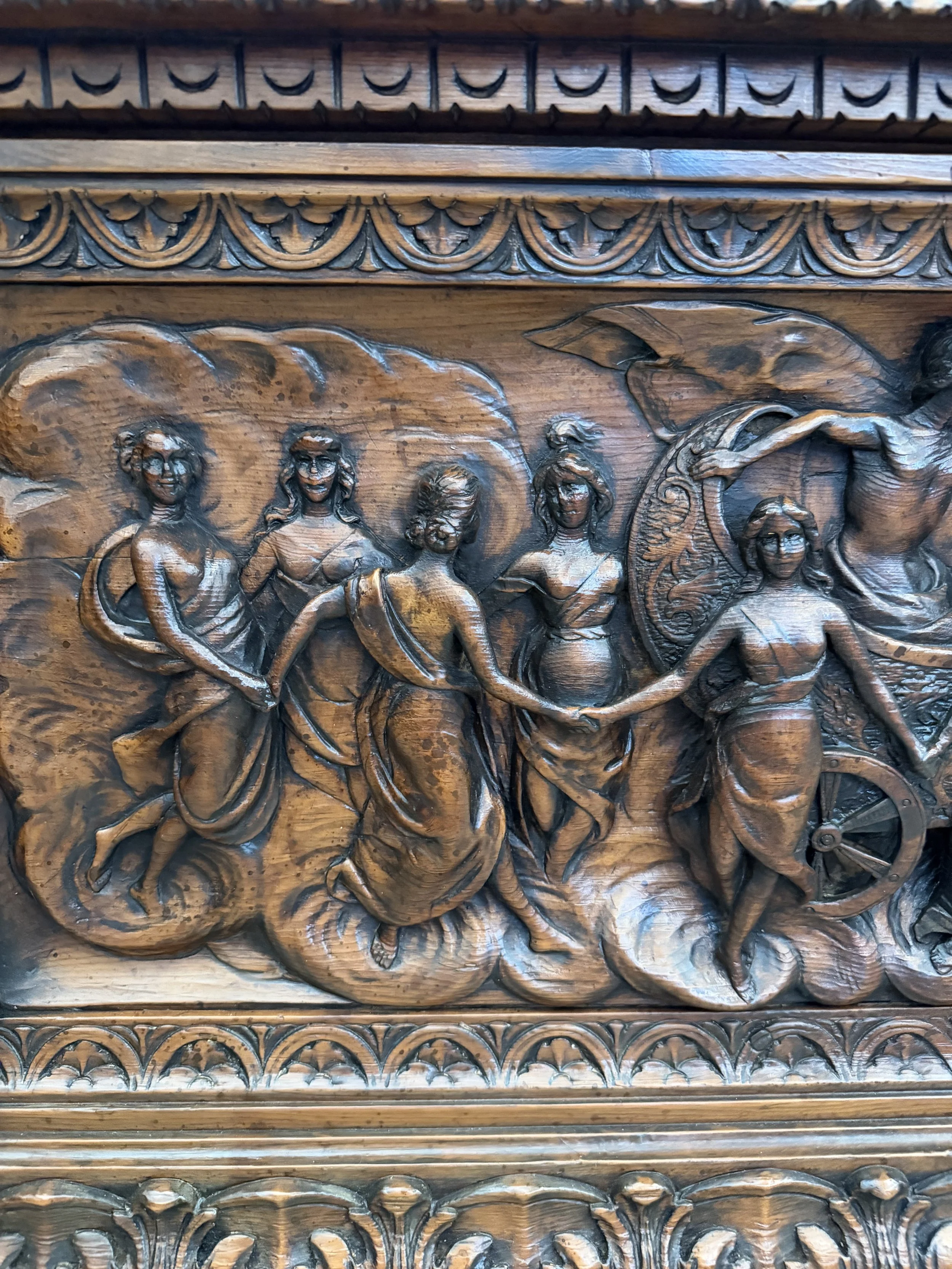 This is a picture of a fabulous and very decorative late 19th century Italian Renaissance Revival carved pine cassone.