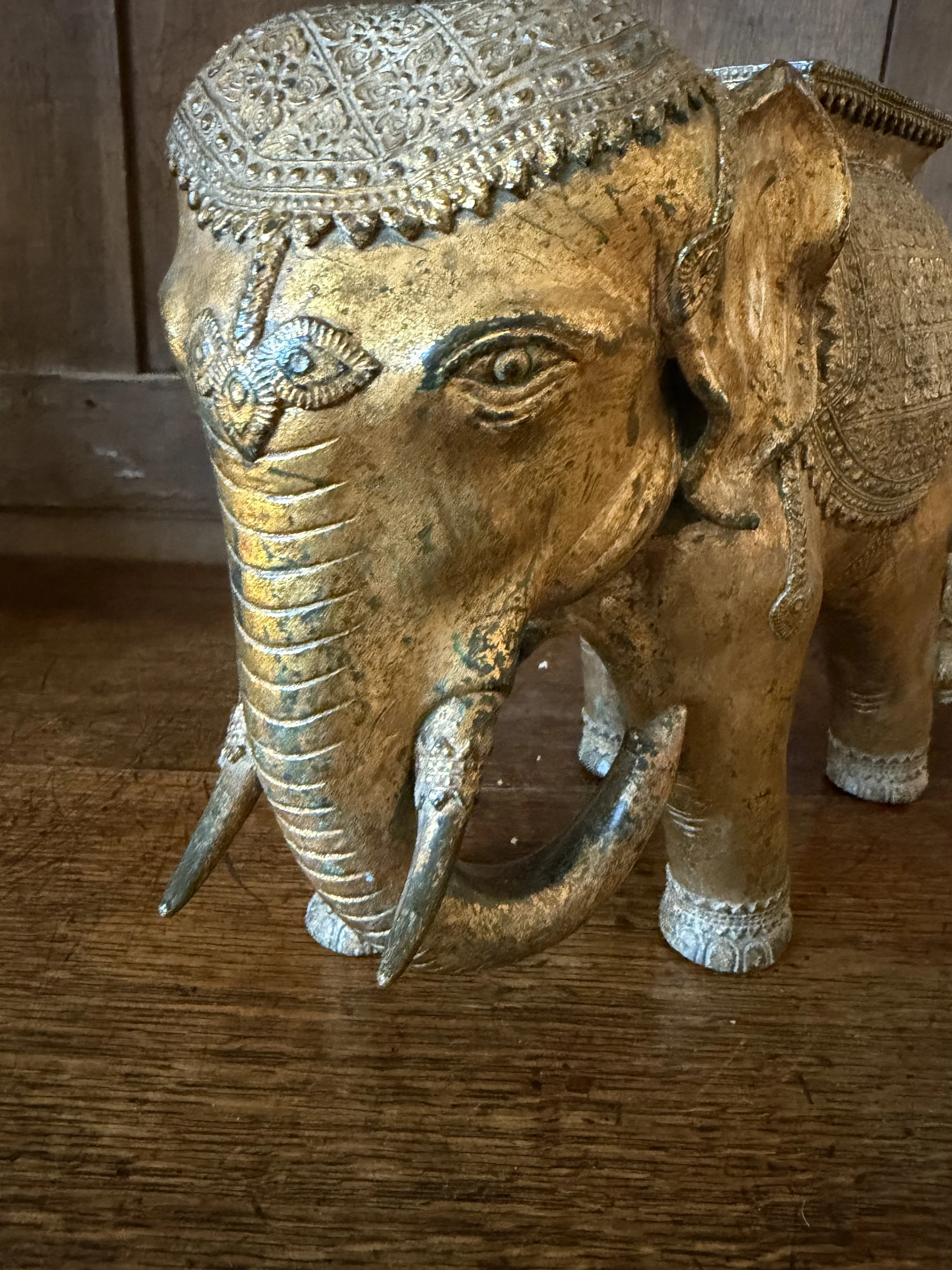 This is a picture of a fabulously decorative late 19th century gilt bronze elephant.
