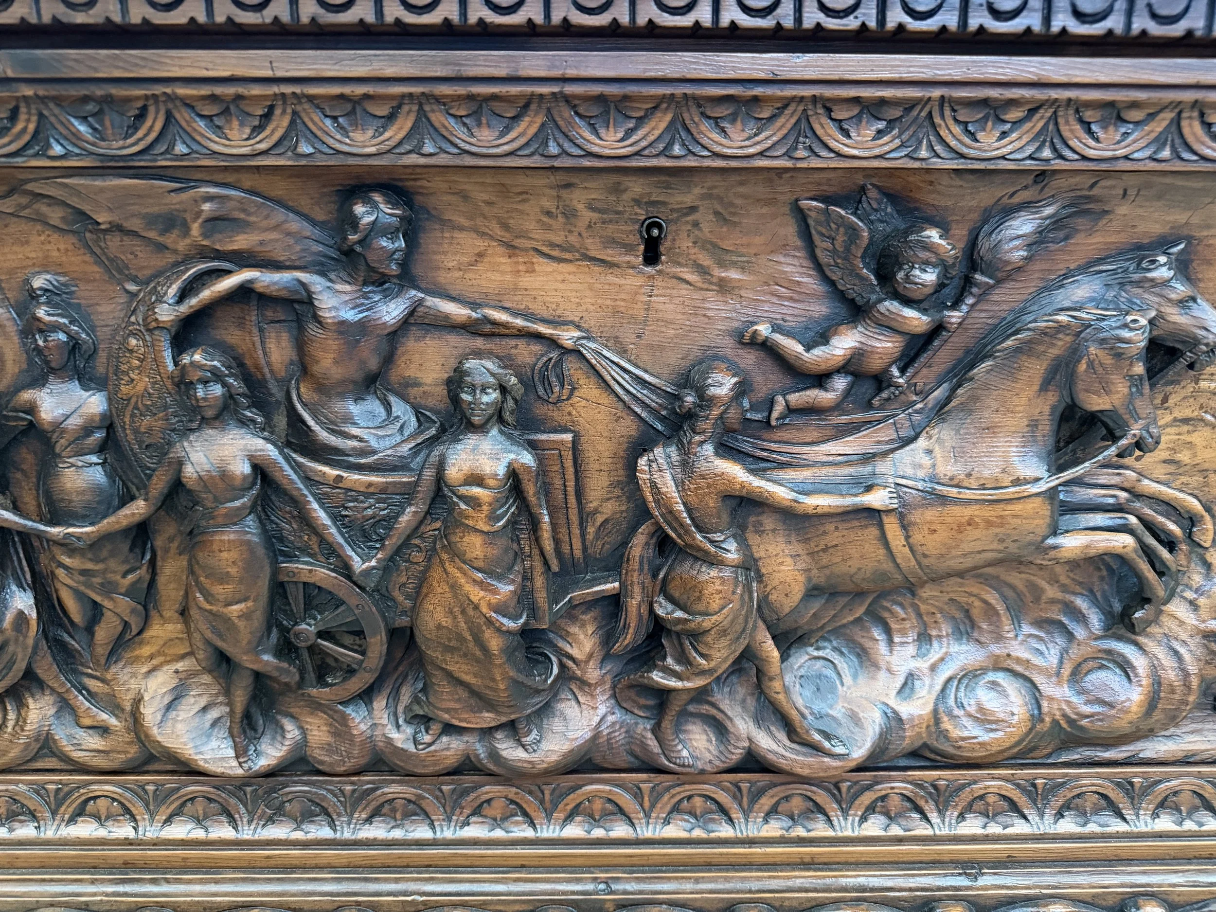 This is a picture of a fabulous and very decorative late 19th century Italian Renaissance Revival carved pine cassone.