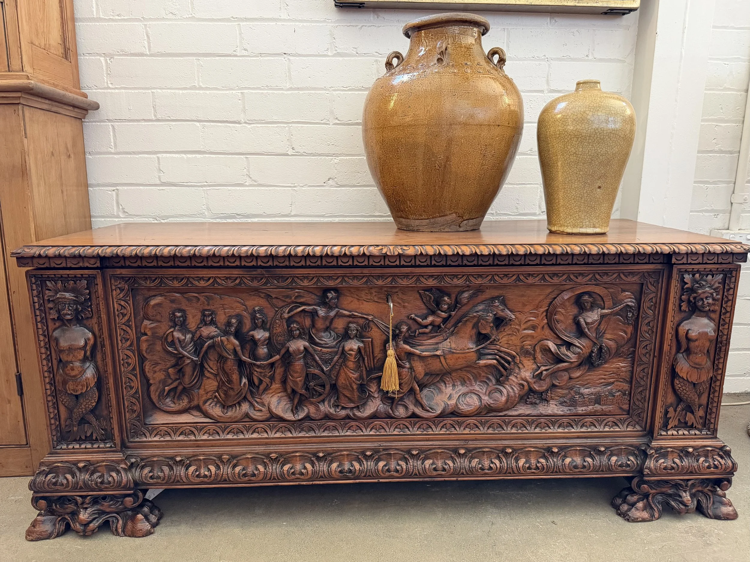 This is a picture of a fabulous and very decorative late 19th century Italian Renaissance Revival carved pine cassone.