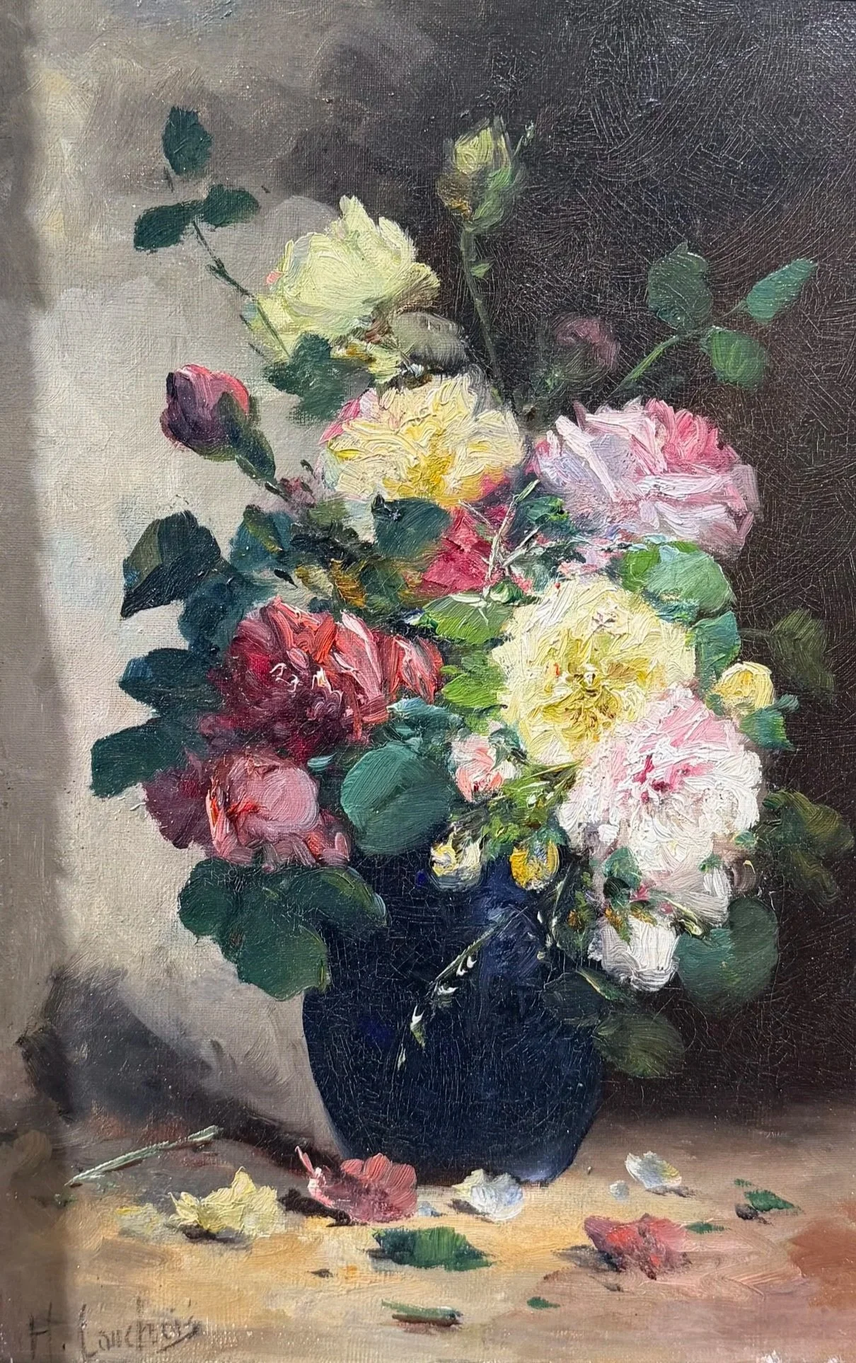 This is a picture of a fabulous oil on canvas of roses c1900 by French artist Eugène Henri Cauchois.