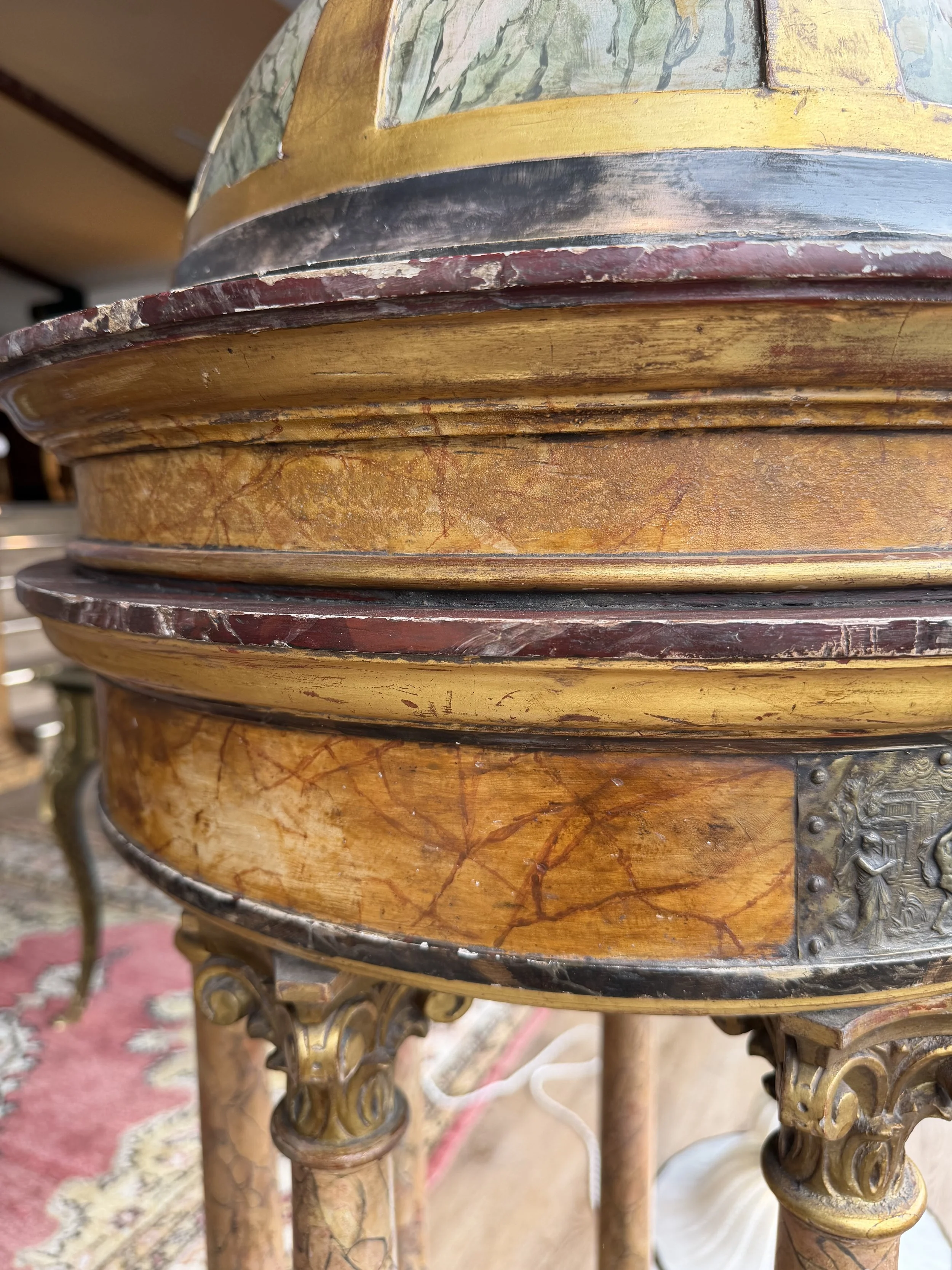 This is a picture of a large and wonderfully decorative early 19th century Grand Tour Italian marbled tempietto with a silvered bronze frieze depicting Phydia’s Parthenon frieze.