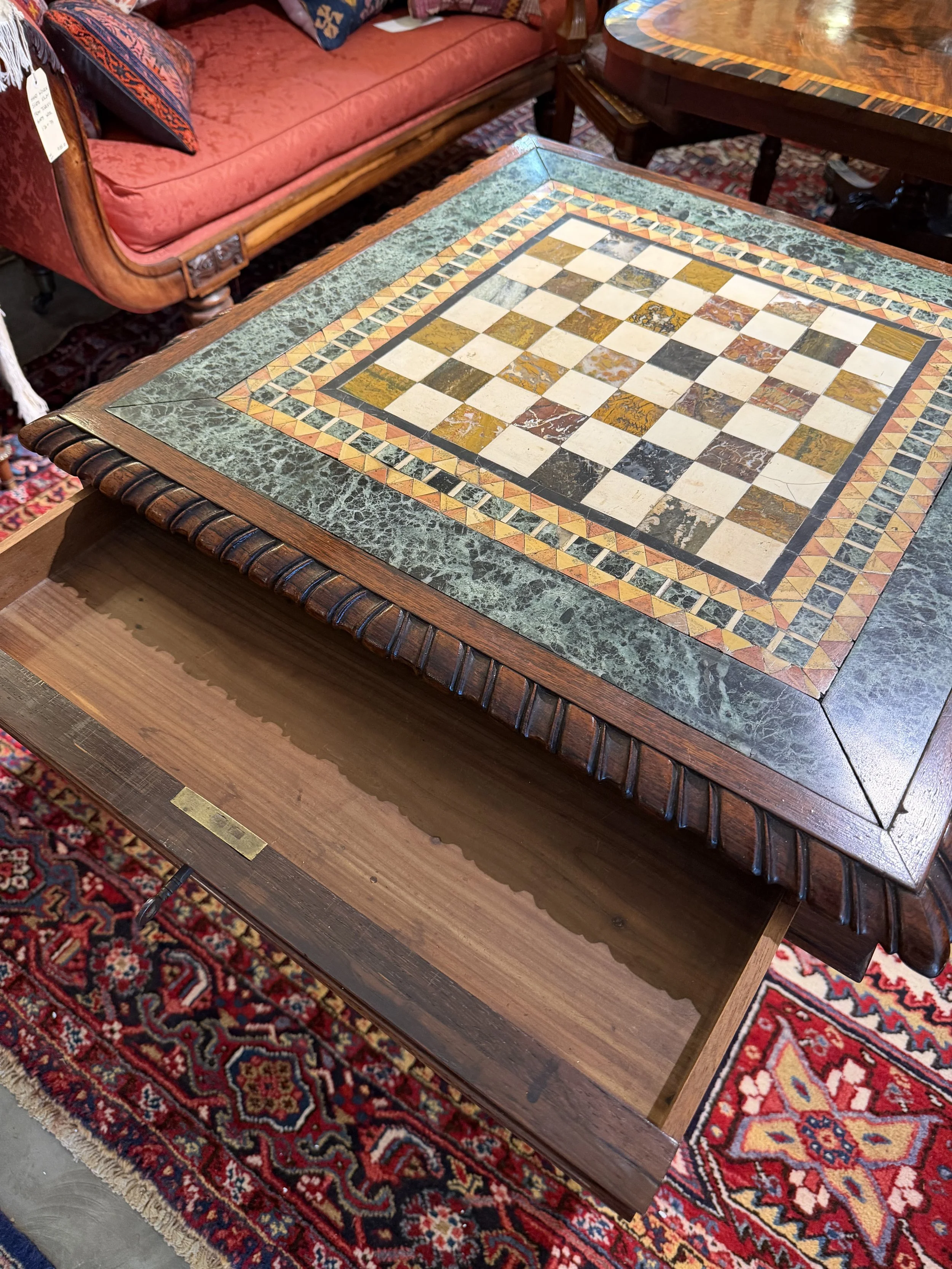 superb and rare William IV period Brazilian rosewood games table with a specimen marble top c1830 attributed to Gillows.