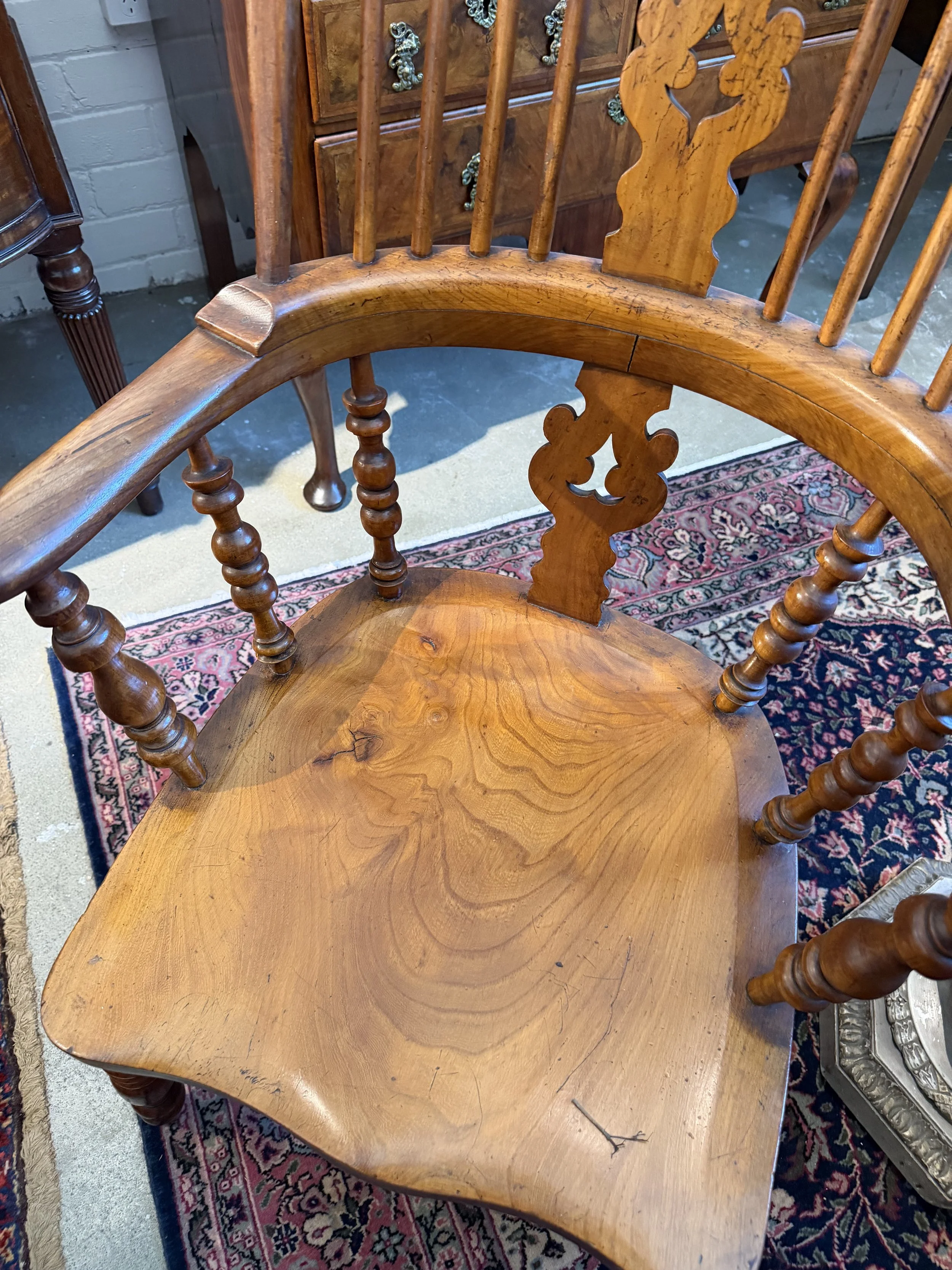 This is a picture of a fabulous mid 19th century elm and fruitwood Windsor armchair from Yorkshire.