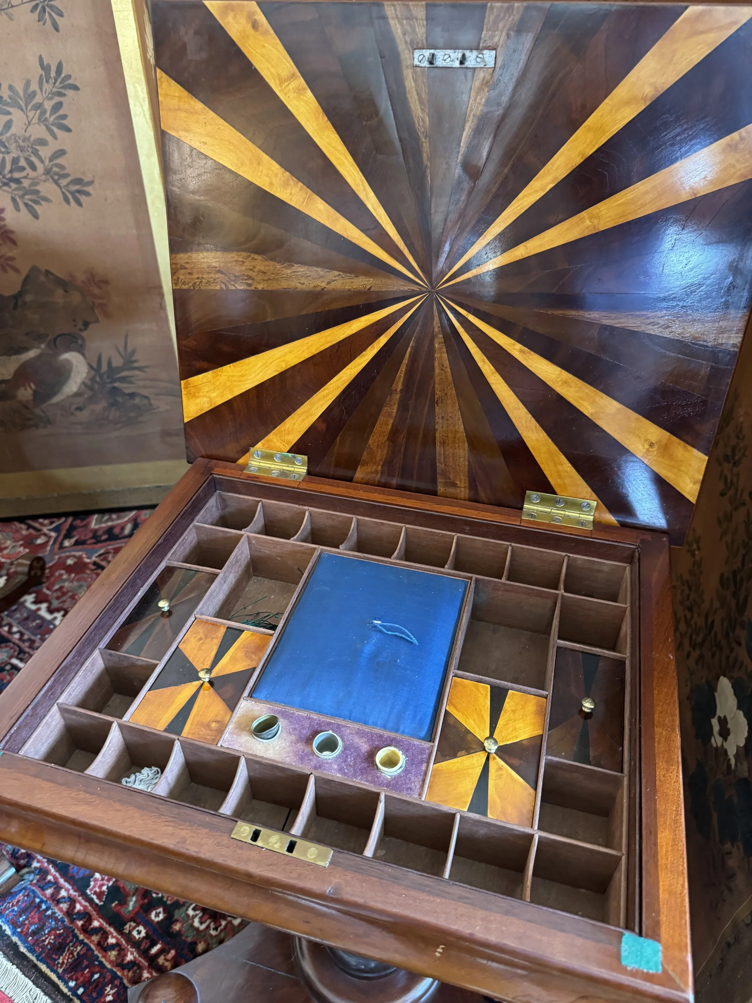This is a picture of a superb antique Australian colonial period cedar, huon pine and specimen timber work table c1840.