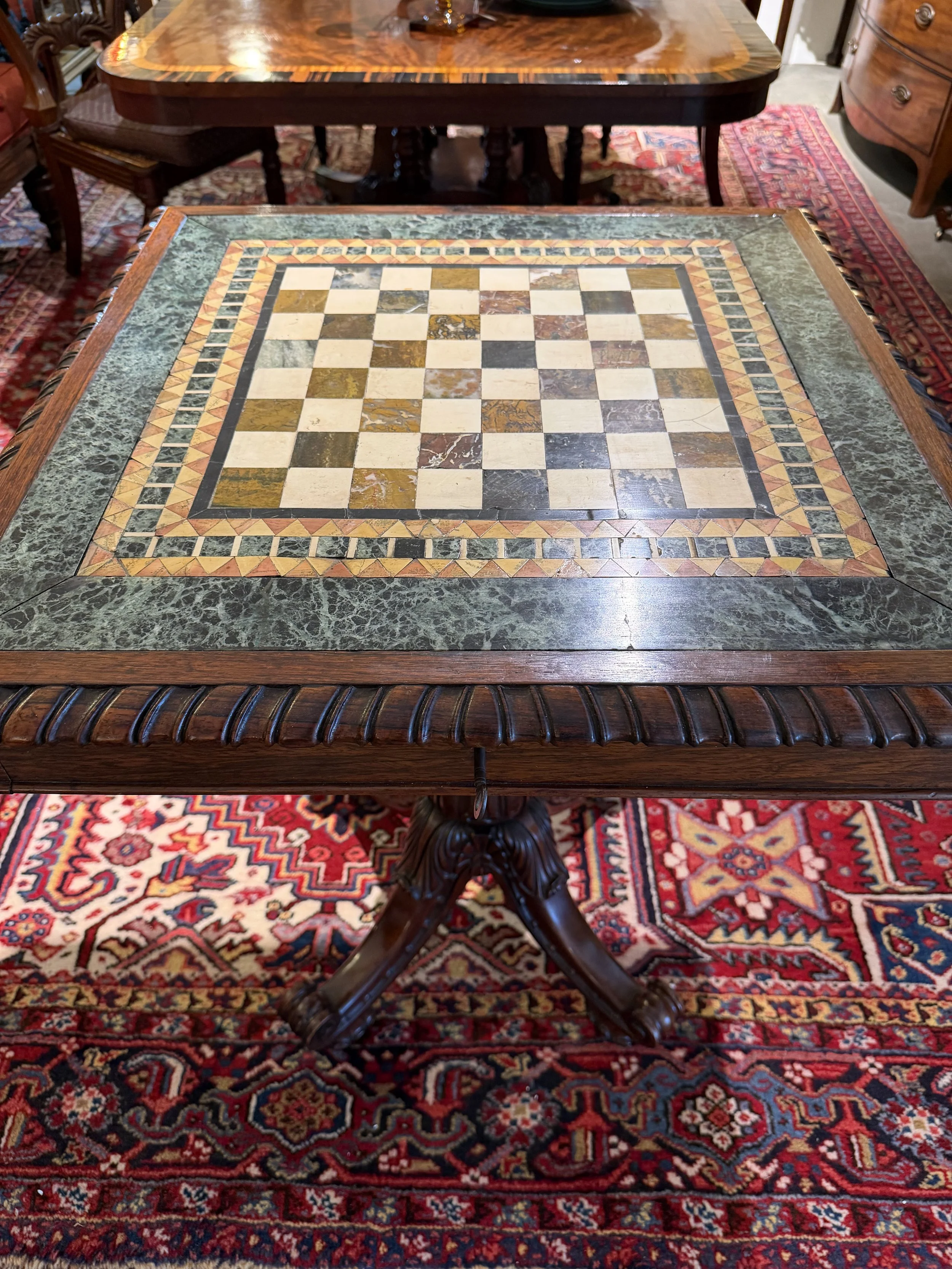 superb and rare William IV period Brazilian rosewood games table with a specimen marble top c1830 attributed to Gillows.