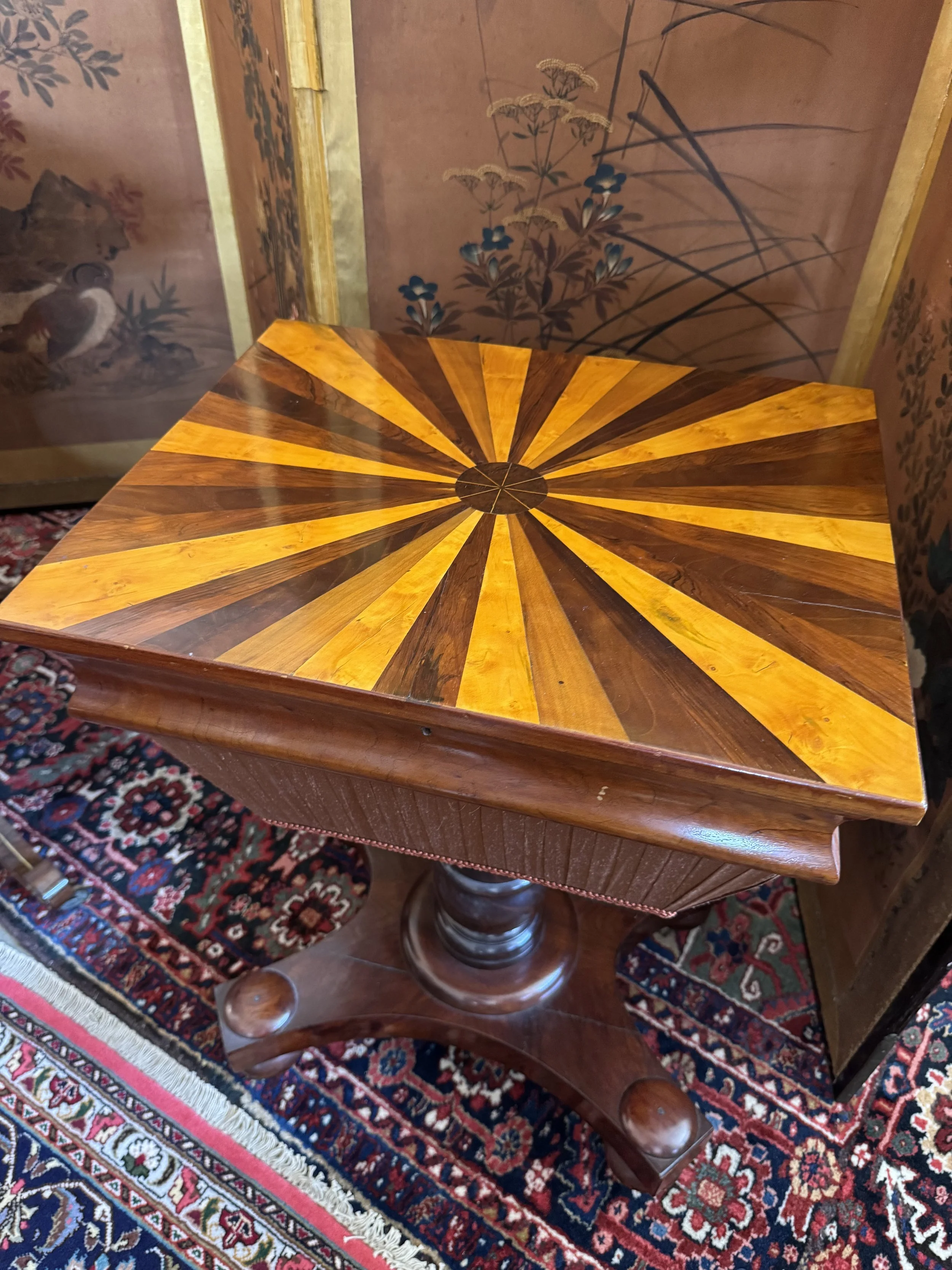 This is a picture of a superb antique Australian colonial period cedar, huon pine and specimen timber work table c1840.
