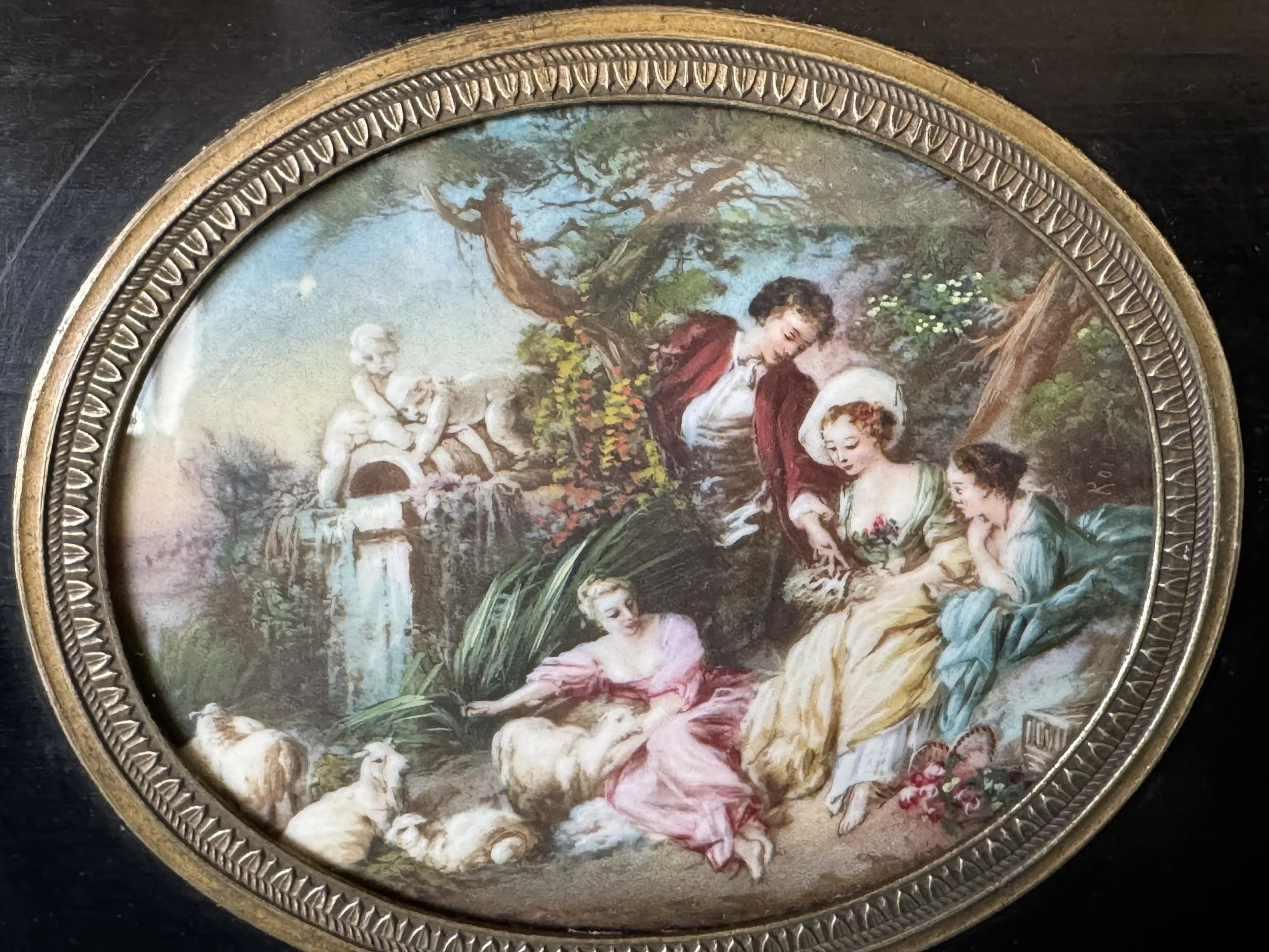 This is a picture of a charming 19th century miniature on ivory in the manner of Watteau.