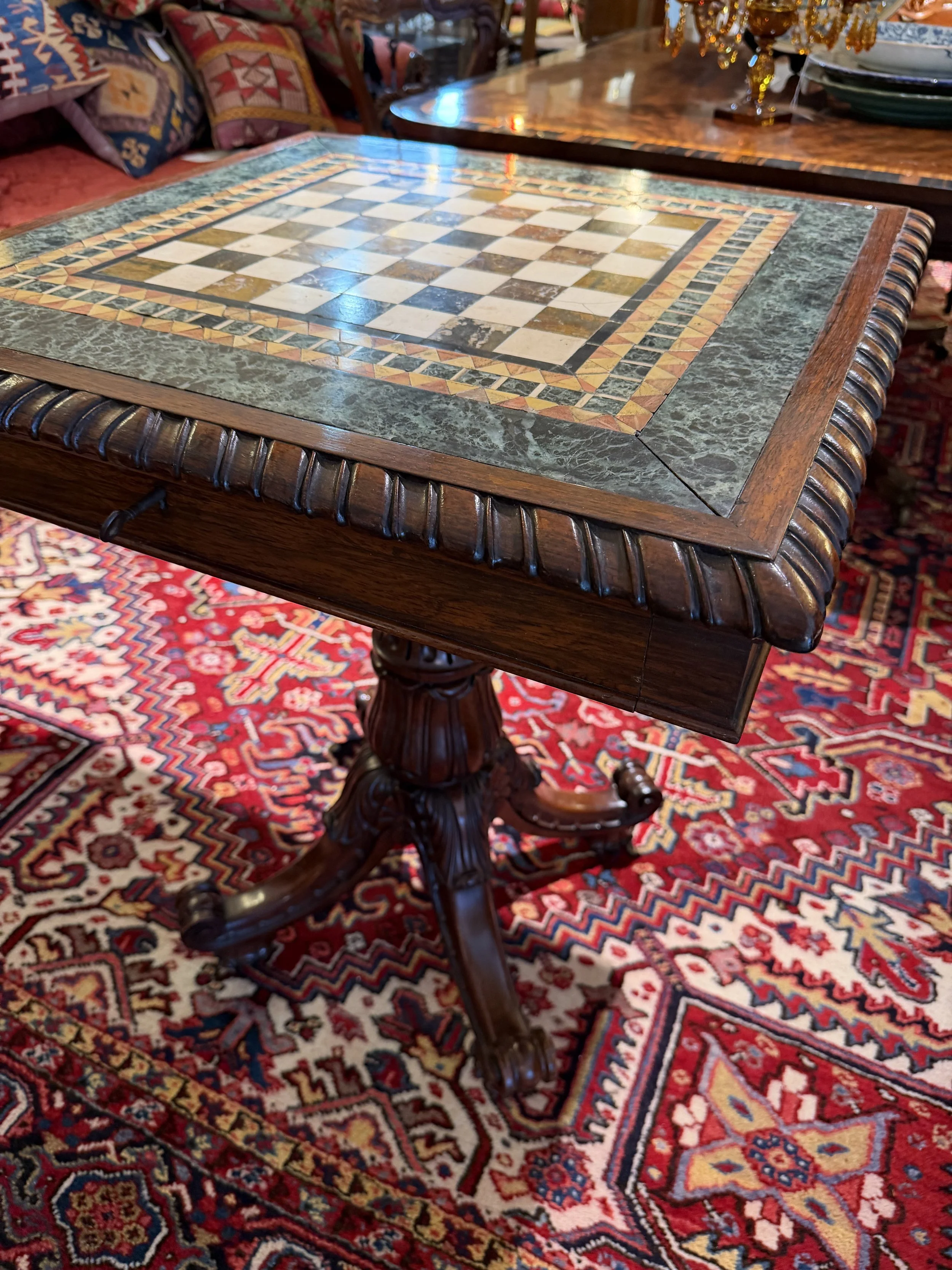 superb and rare William IV period Brazilian rosewood games table with a specimen marble top c1830 attributed to Gillows.