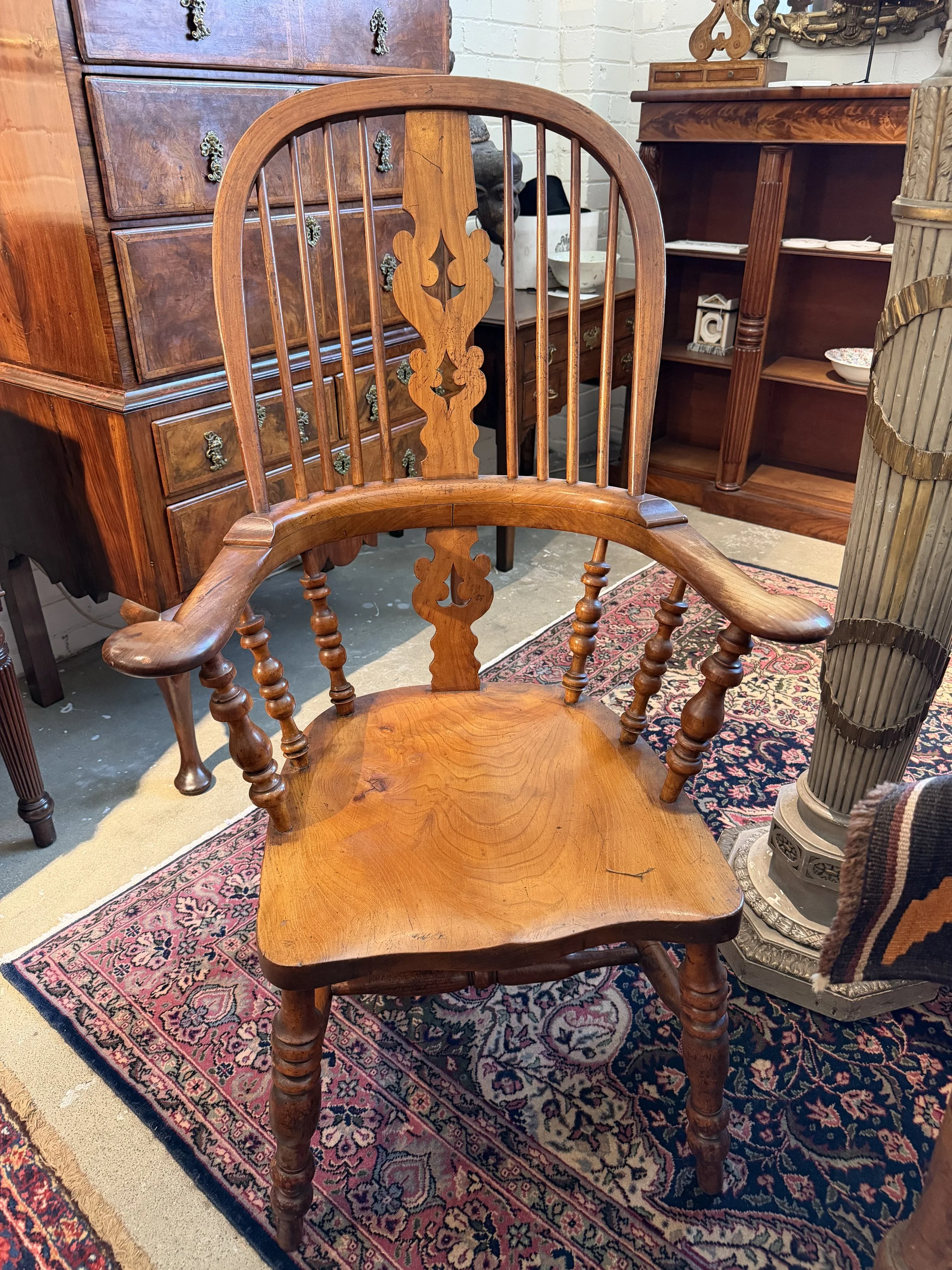 This is a picture of a fabulous mid 19th century elm and fruitwood Windsor armchair from Yorkshire.