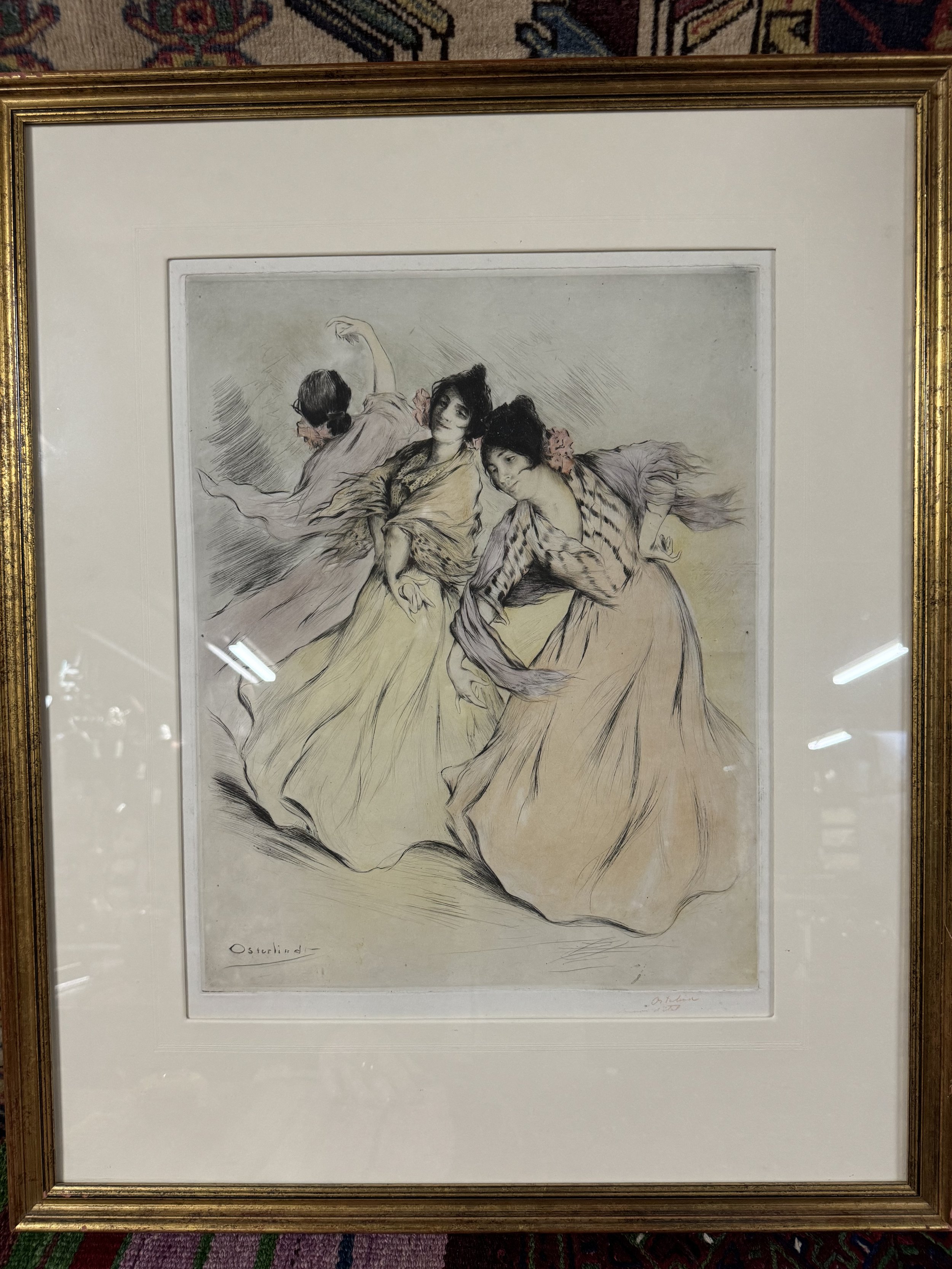 This is a picture of a charming coloured drypoint called "Women Dancing" produced c1900 by Allan Österlind.