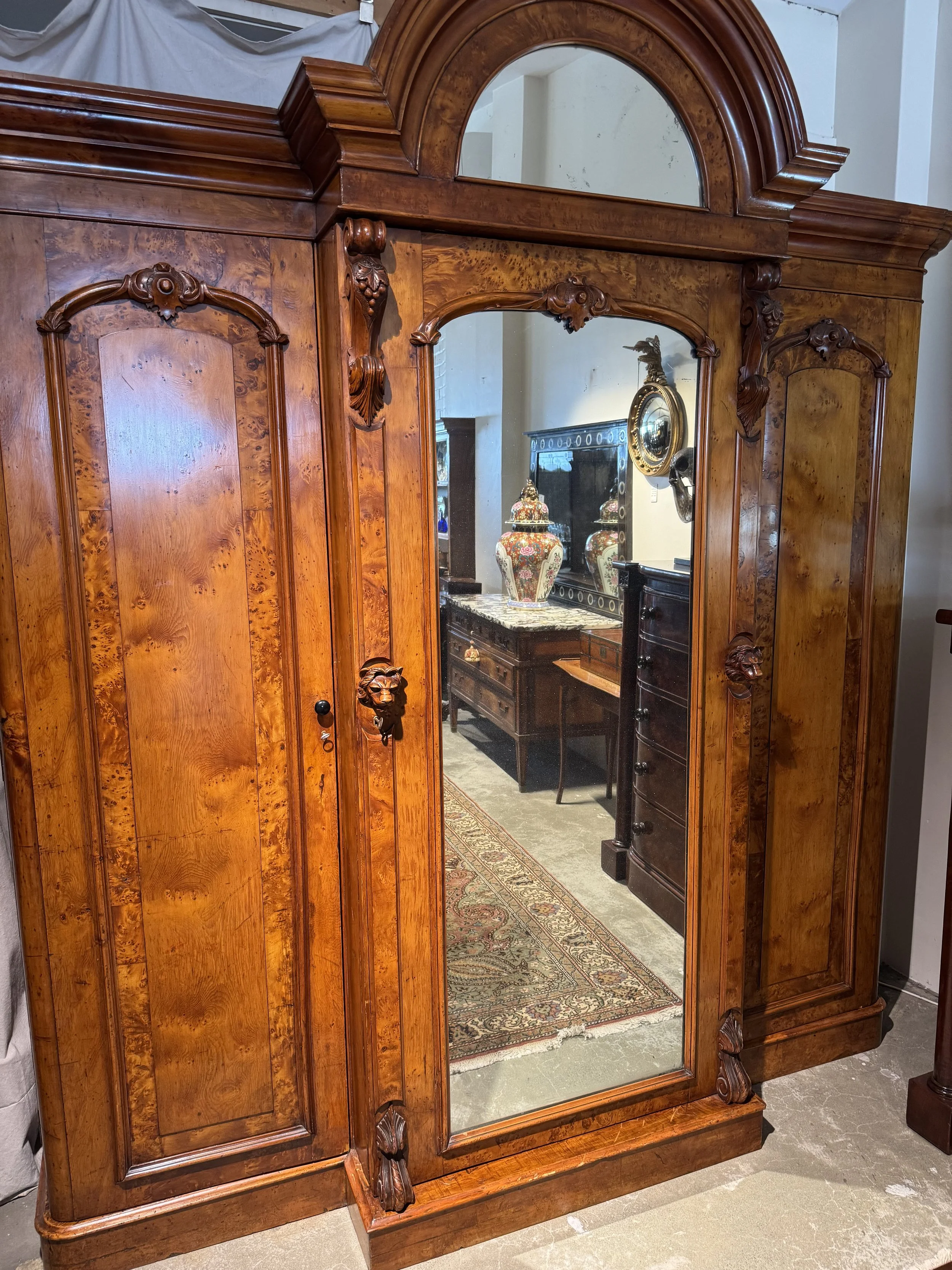 This is a picture of an exceptional antique Tasmanian colonial birdseye huon pine breakfront wardrobe c1860.