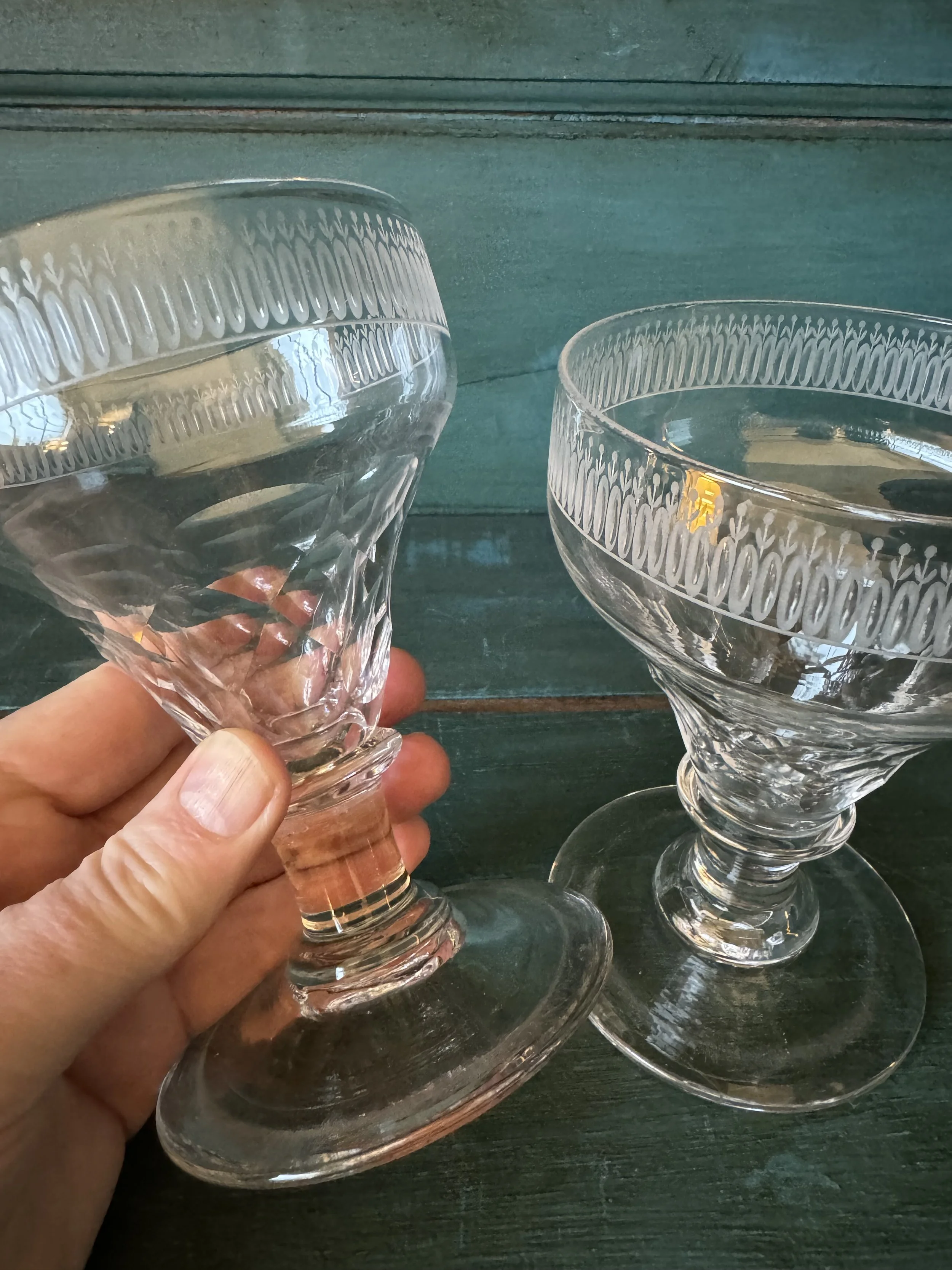 This is a picture of a very lovely pair of cut and engraved ovoid glass rummers c1830.