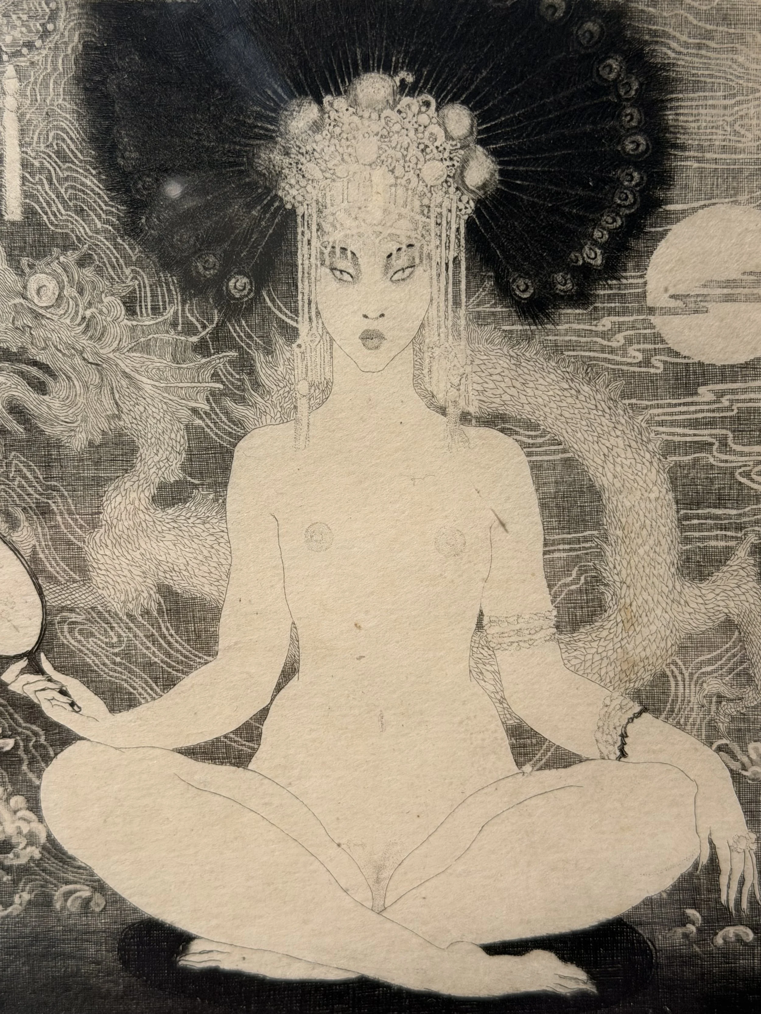 This is a picture of a rare etching by Norman Lindsay called “The Yellow Lady” numbered 14, from ‘Idylla, 1922’, a book of poems by Hugh McCrae.