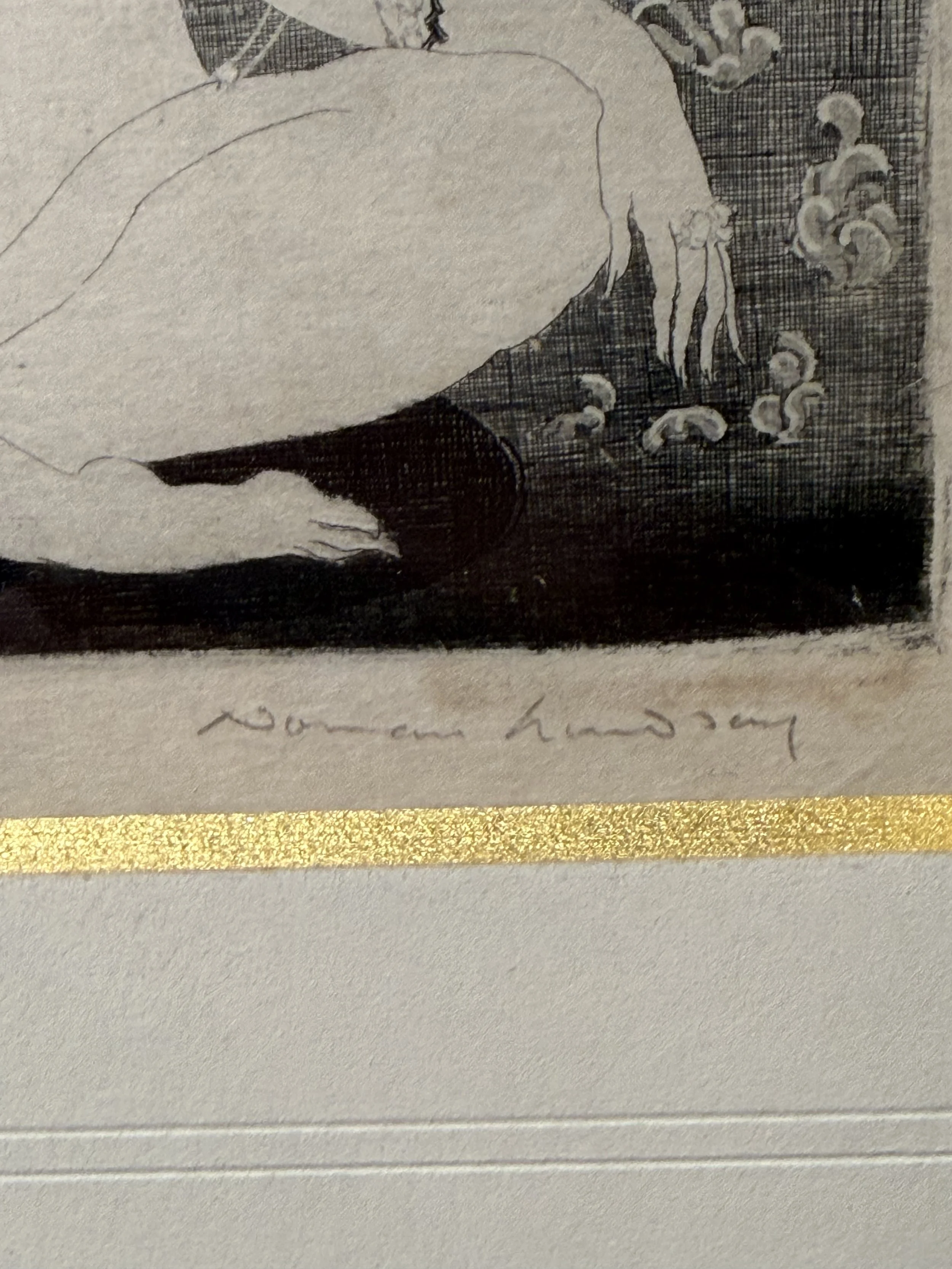 This is a picture of a rare etching by Norman Lindsay called “The Yellow Lady” numbered 14, from ‘Idylla, 1922’, a book of poems by Hugh McCrae.