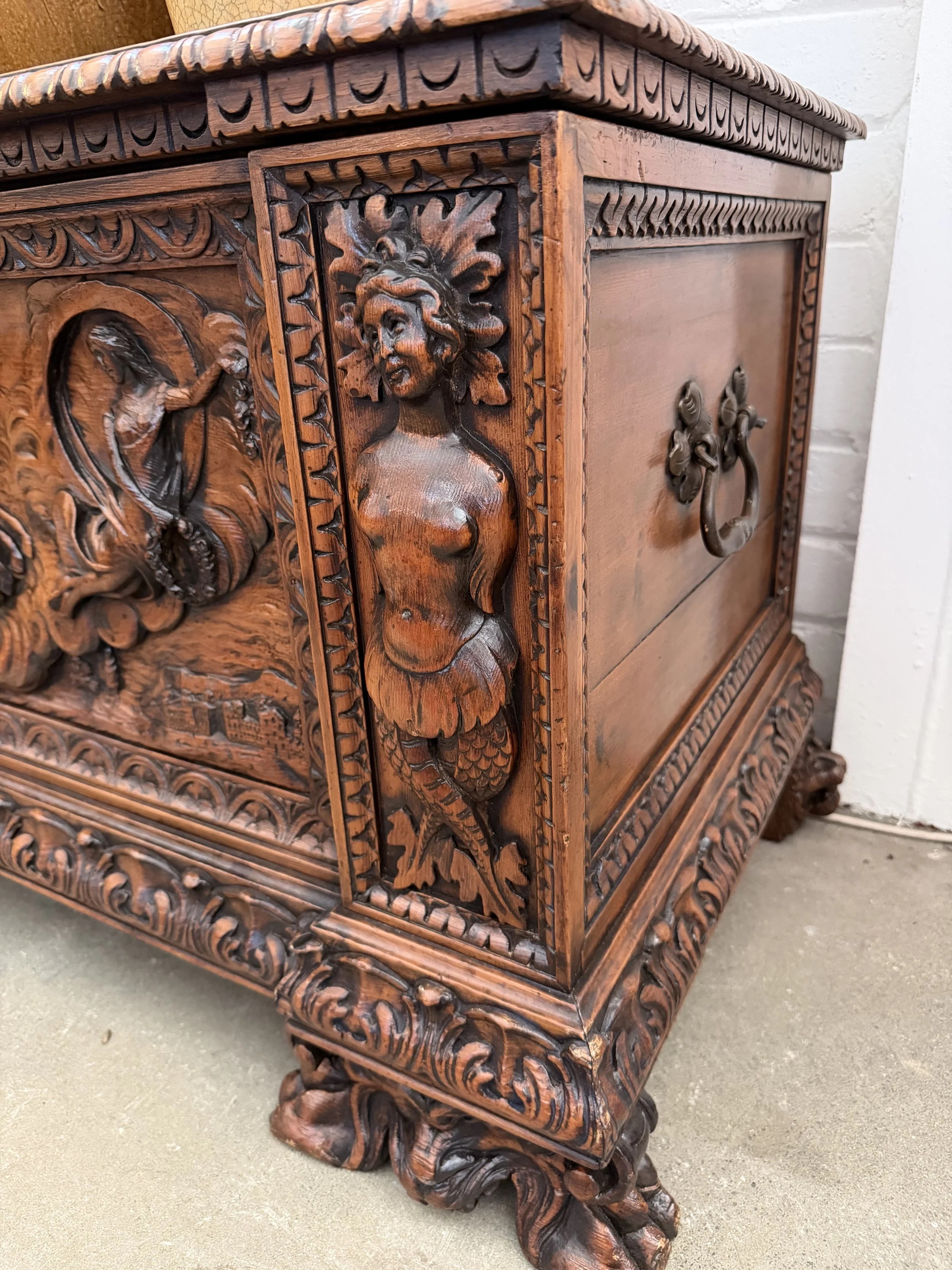 This is a picture of a fabulous and very decorative late 19th century Italian Renaissance Revival carved pine cassone.
