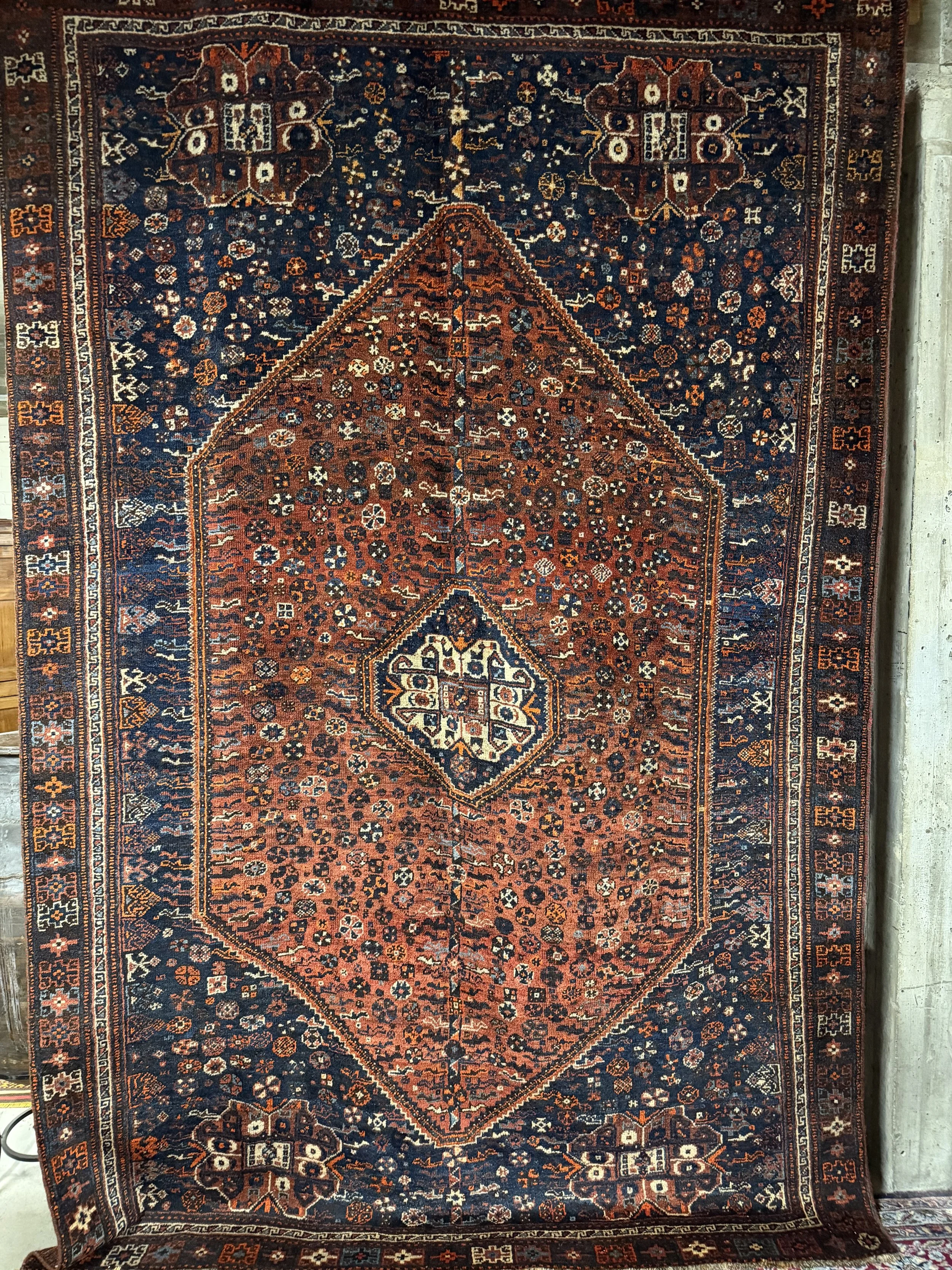 This si a picture of a superb wool on will hand knotted Persian Shiraz Mezit carpet c1920 with great colours and overall design.