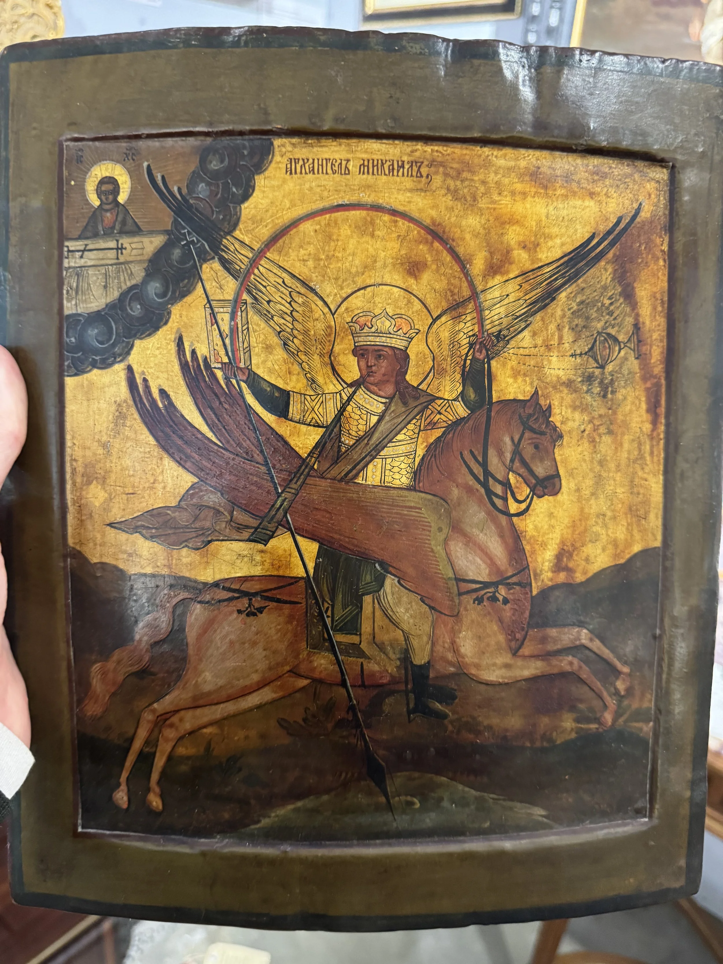 This is a picture of an antique early 19th century Russian icon of ‘Saint Michael Archistrategos, Archangel of the Apocalypse.
