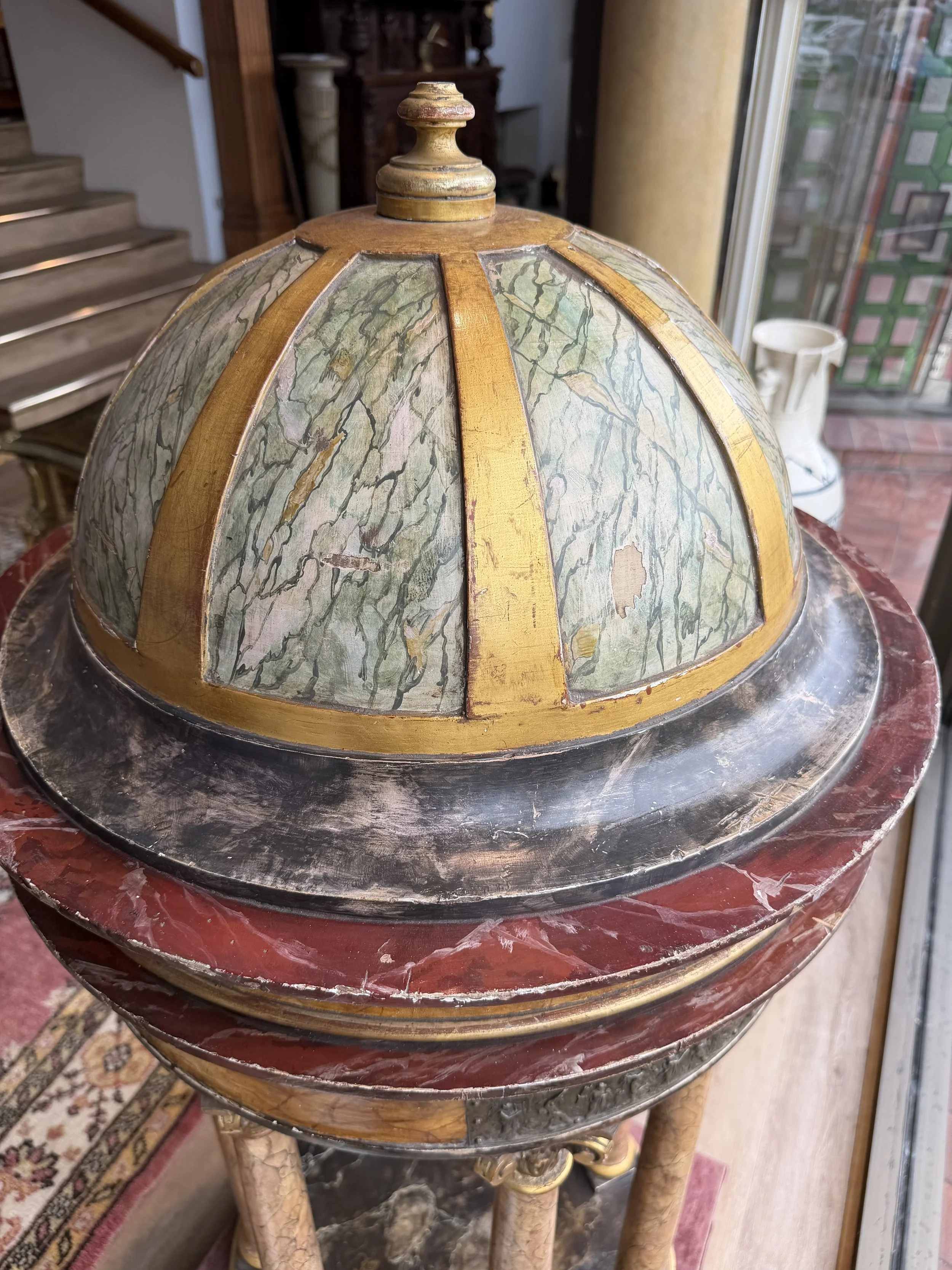 This is a picture of a large and wonderfully decorative early 19th century Grand Tour Italian marbled tempietto with a silvered bronze frieze depicting Phydia’s Parthenon frieze.