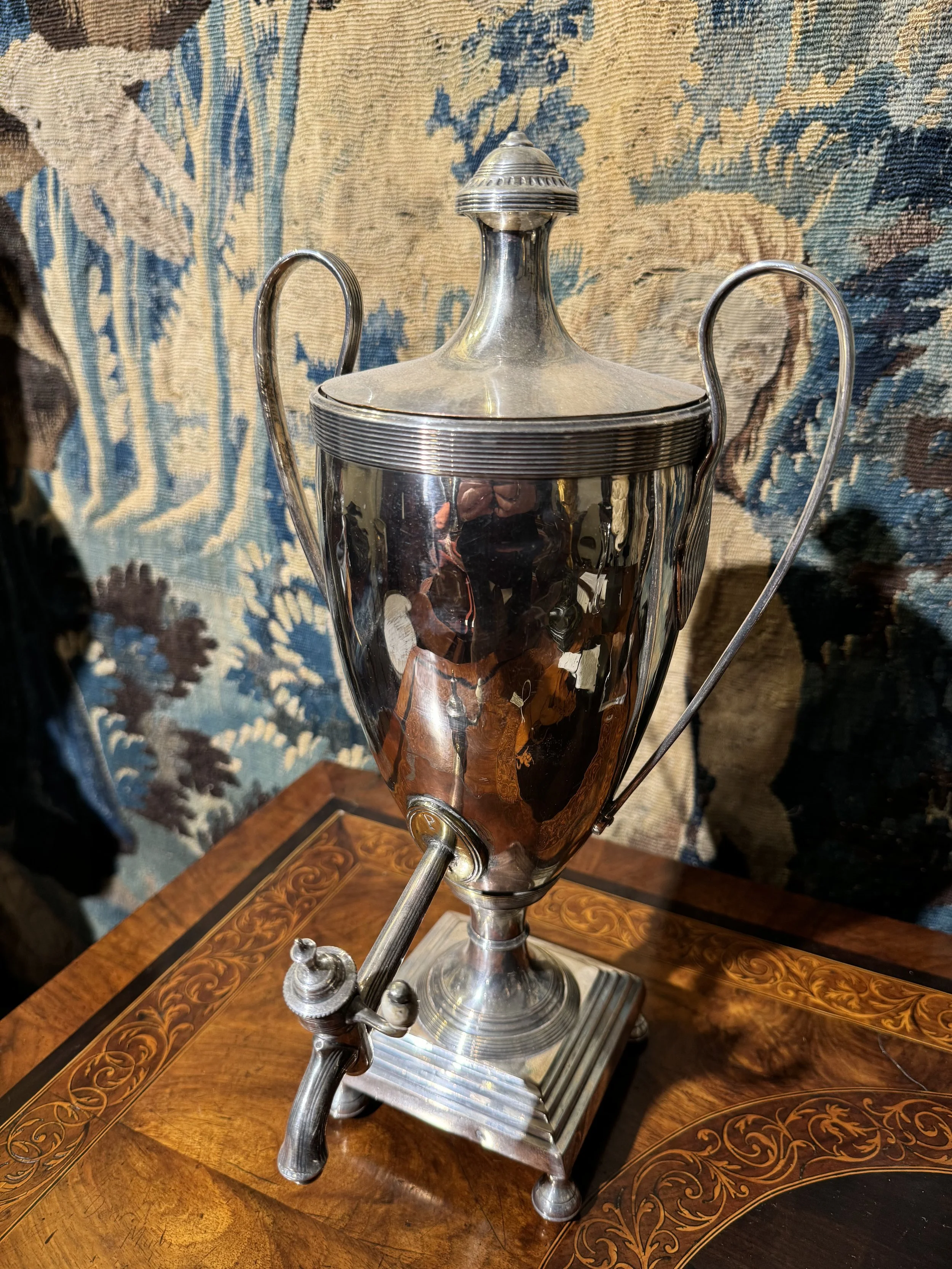 This is a picture of an antique English regency period silver plated samovar c1800 with elegant neoclassical lines.