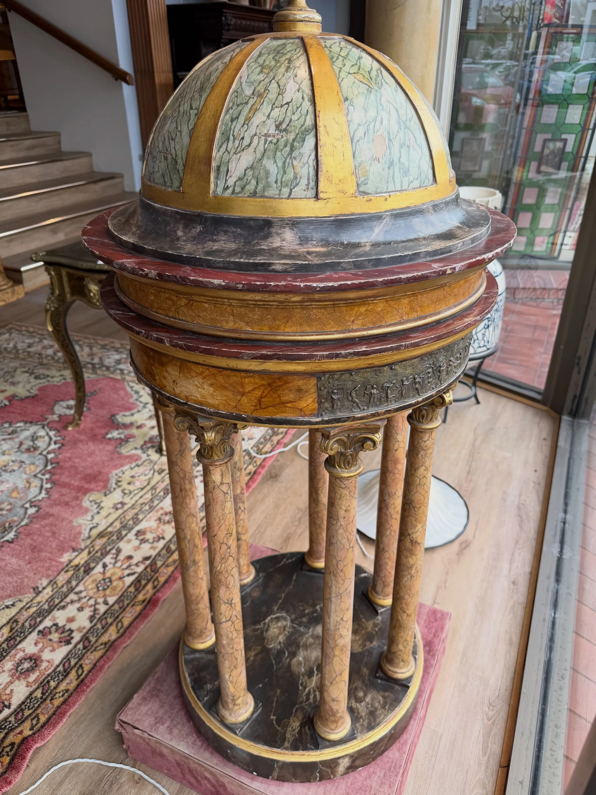 This is a picture of a large and wonderfully decorative early 19th century Grand Tour Italian marbled tempietto with a silvered bronze frieze depicting Phydia’s Parthenon frieze.