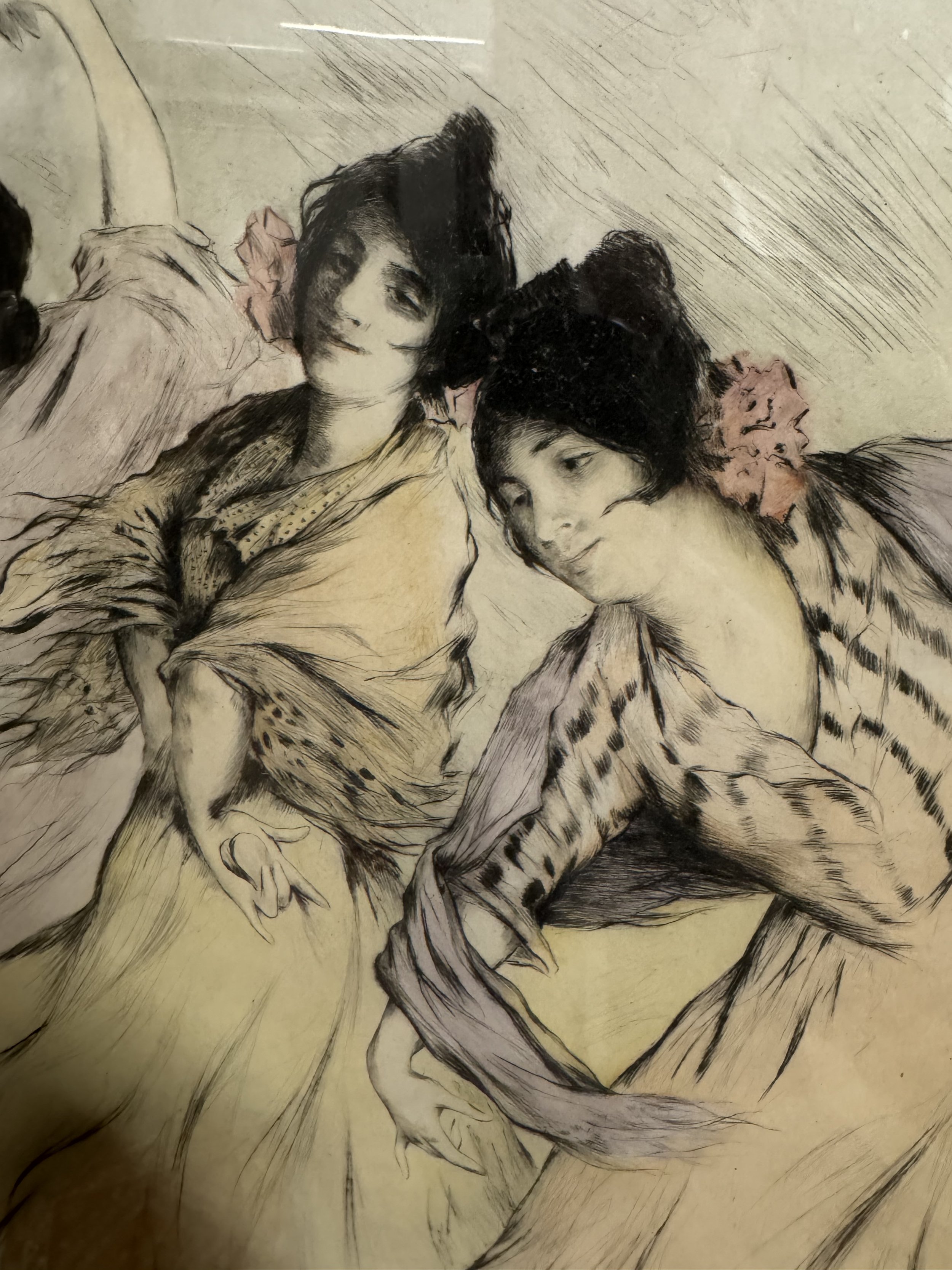 This is a picture of a charming coloured drypoint called "Women Dancing" produced c1900 by Allan Österlind.