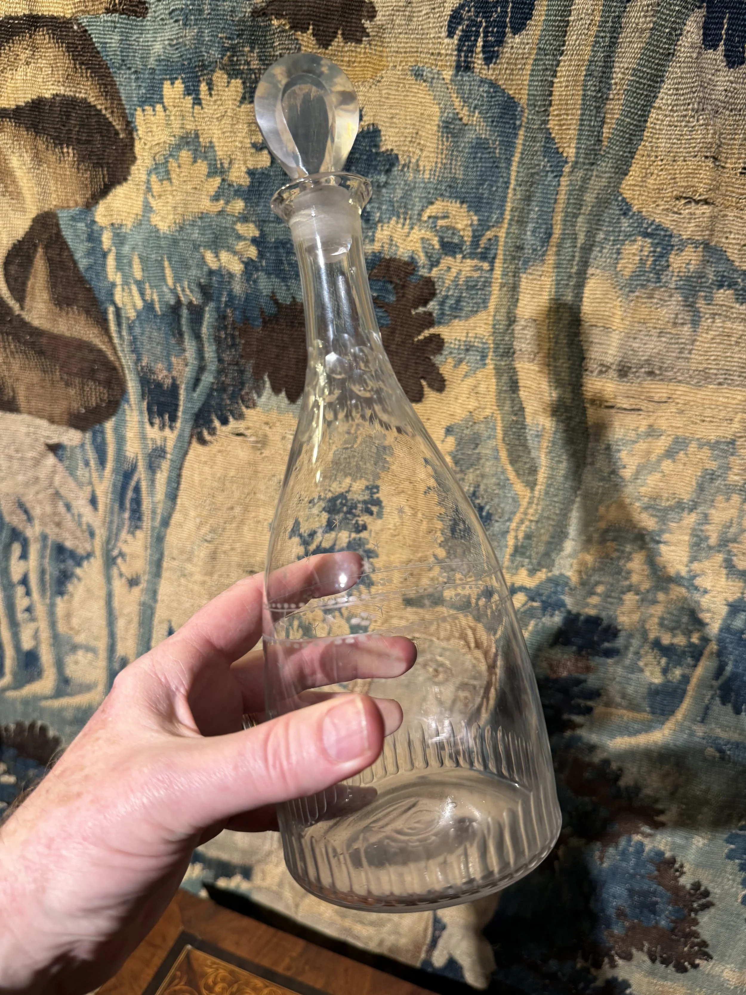This is a picture of a very elegant antique English George III period mallet shaped decanter with fish scale and comb cutting c1780.