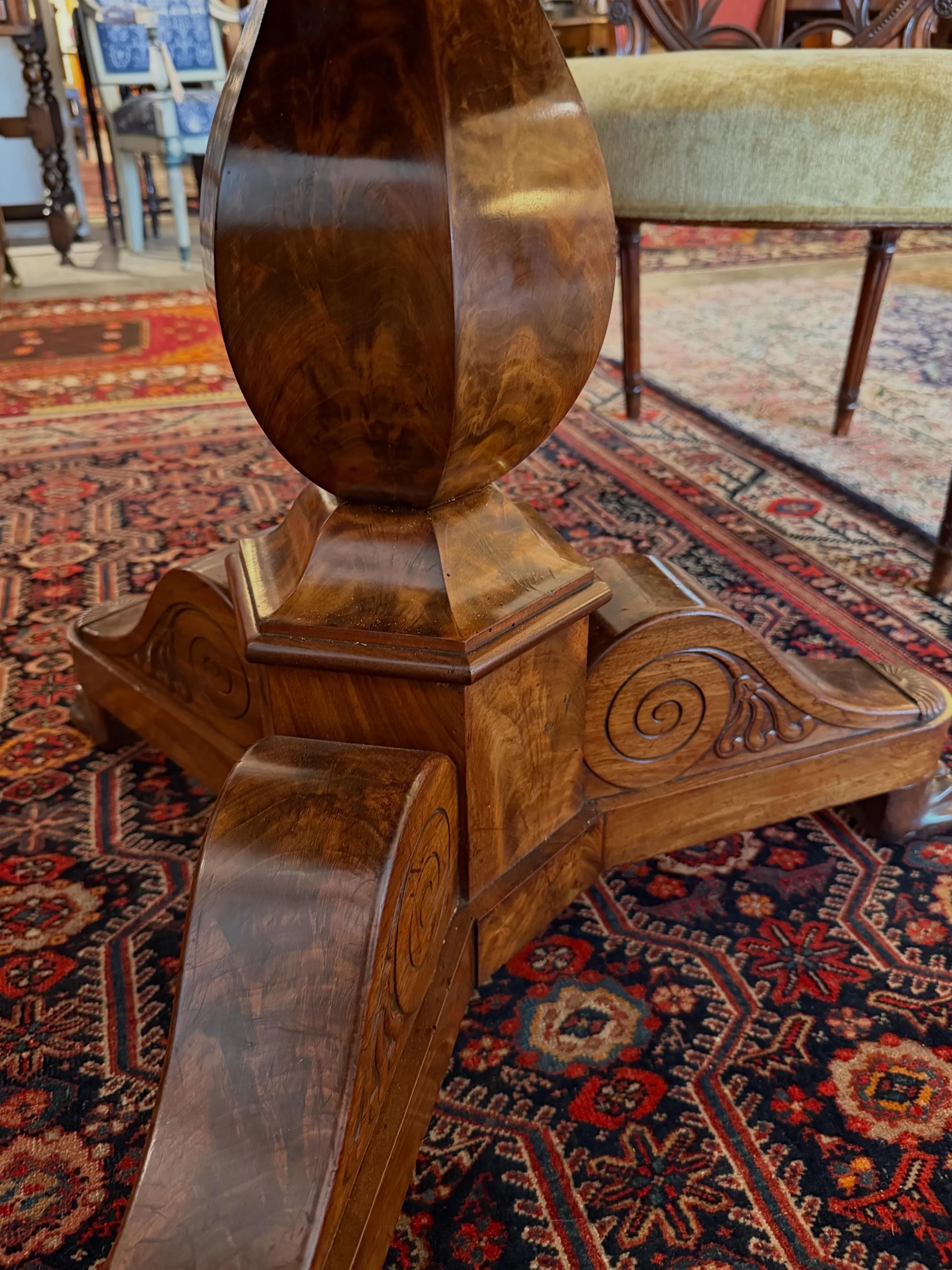 This is a picture of a fabulous and finely carved antique Louis Philippe period French mahogany and marbled topped guéridon c1830.