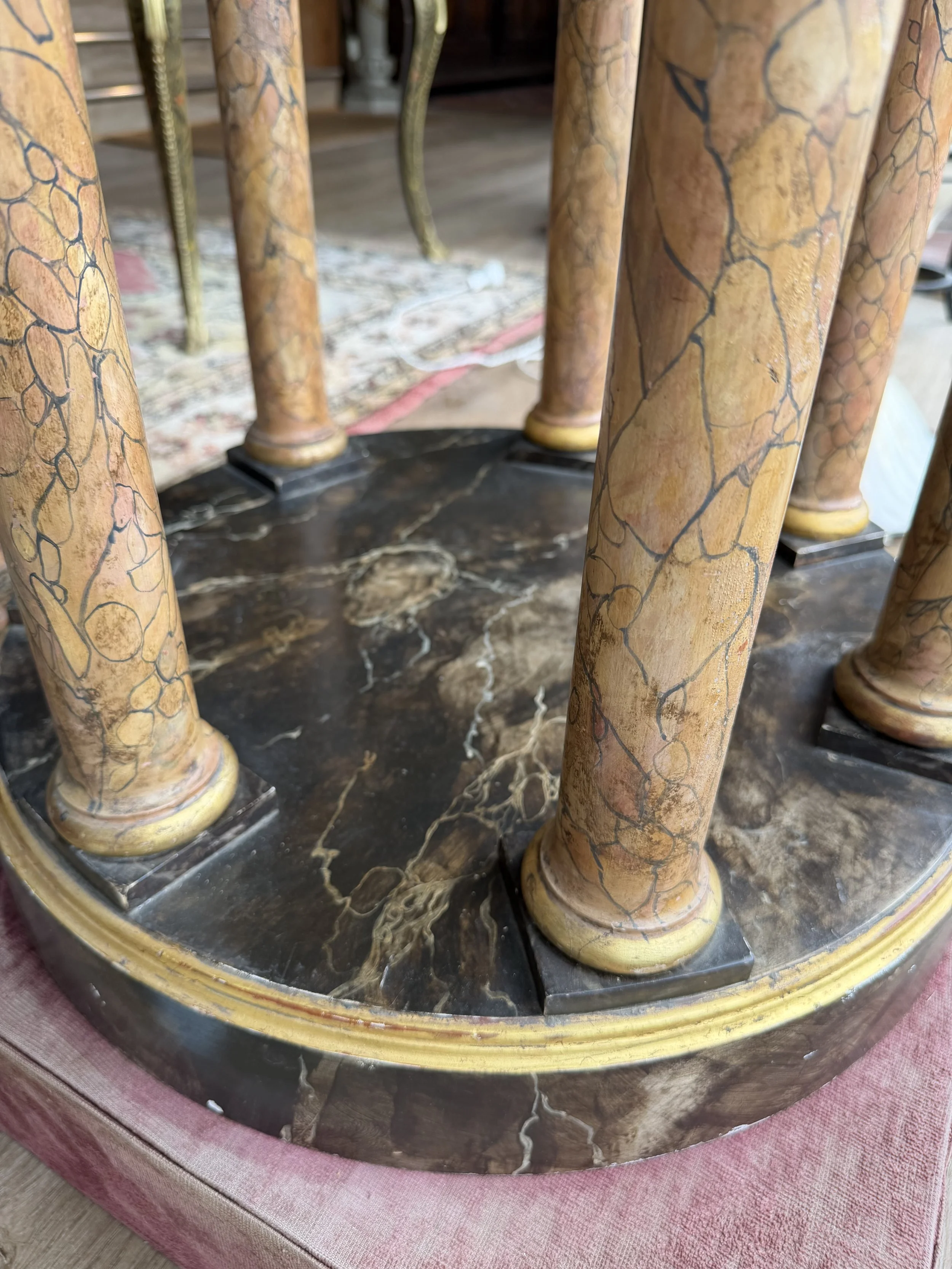 This is a picture of a large and wonderfully decorative early 19th century Grand Tour Italian marbled tempietto with a silvered bronze frieze depicting Phydia’s Parthenon frieze.