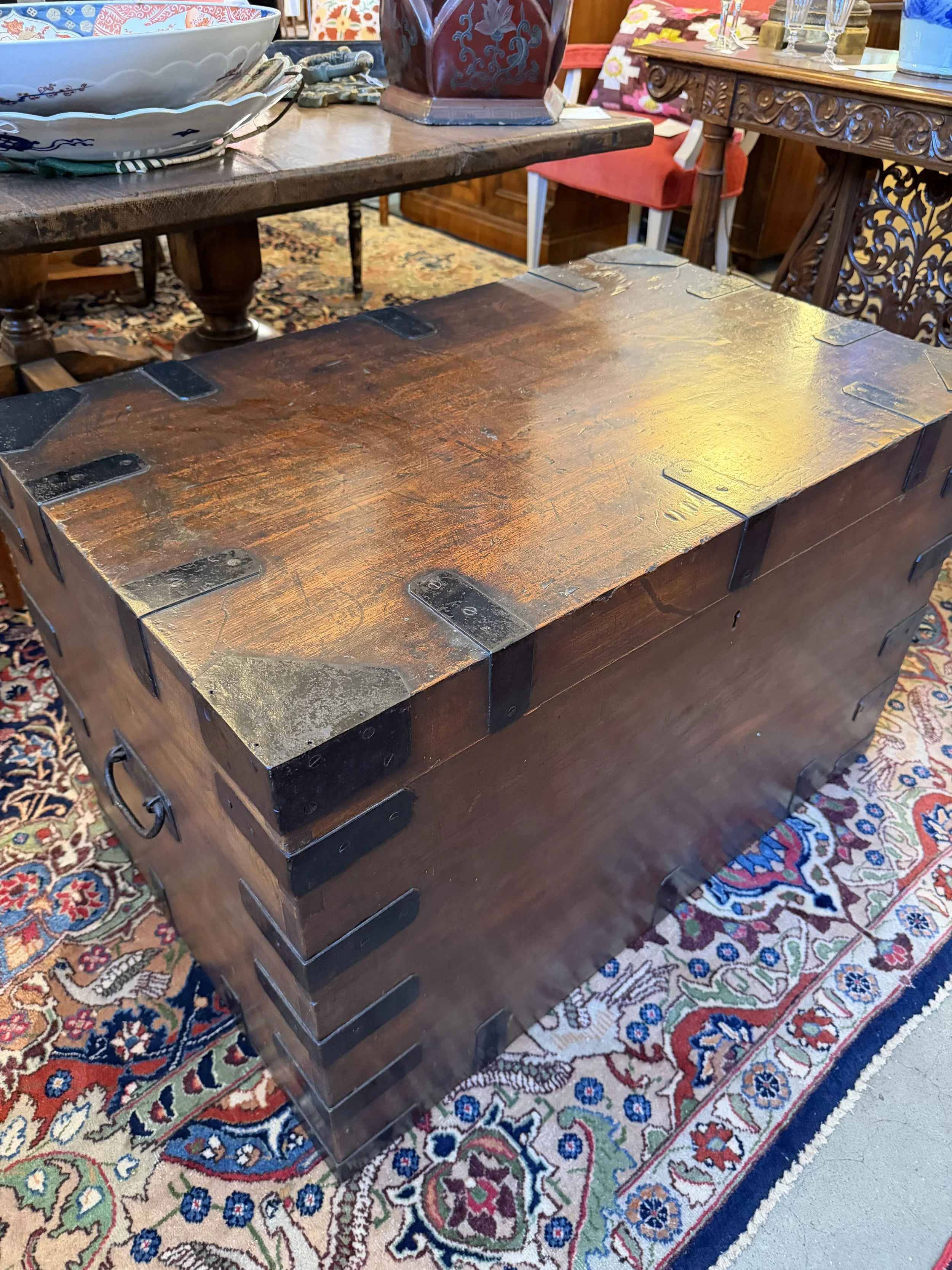 This is a picture of a very useful 19th century teak iron bound chest c1870.