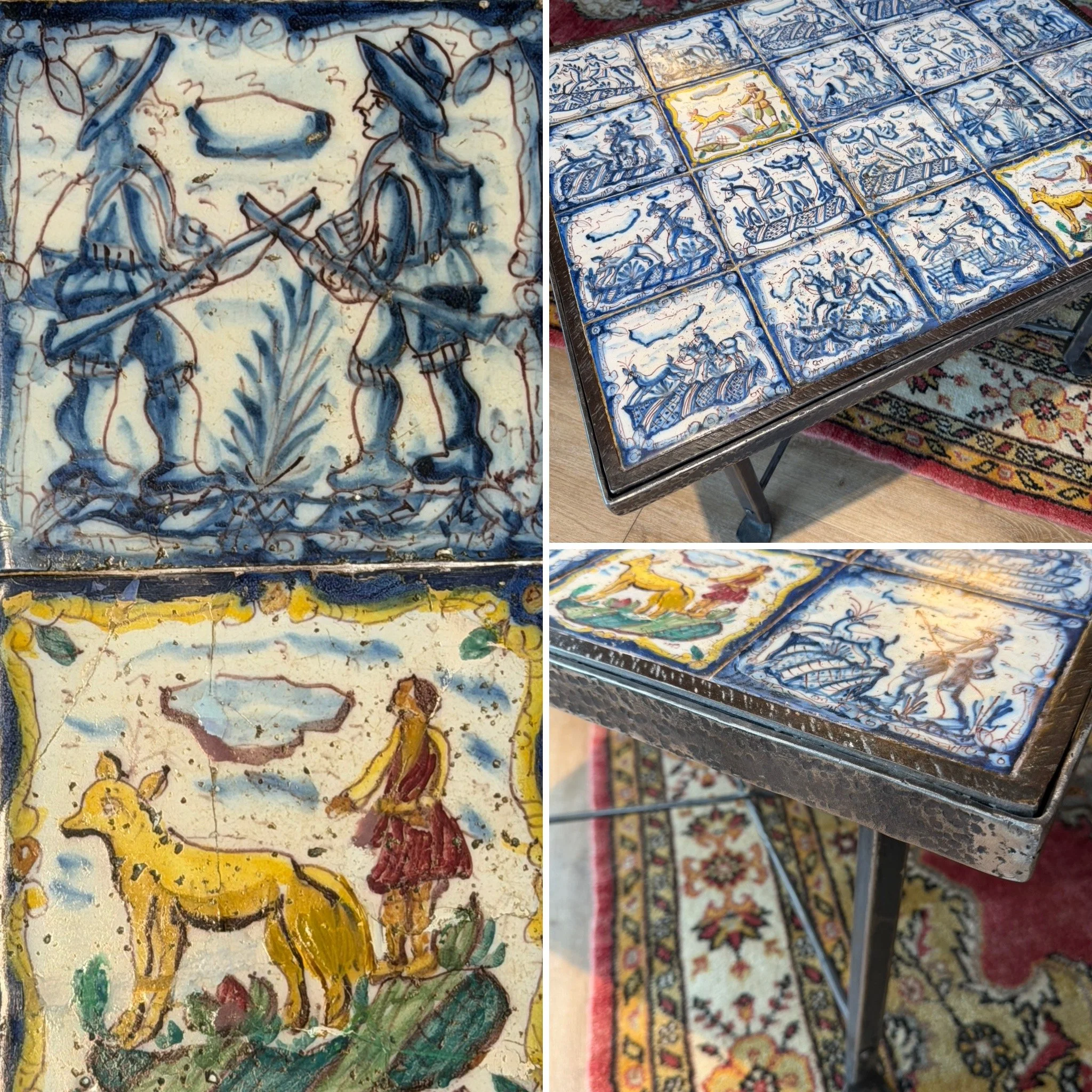 This is a picture of a panel of 20 wonderful 18th century Spanish tiles set into a mid 20th century wrought iron coffee table base.