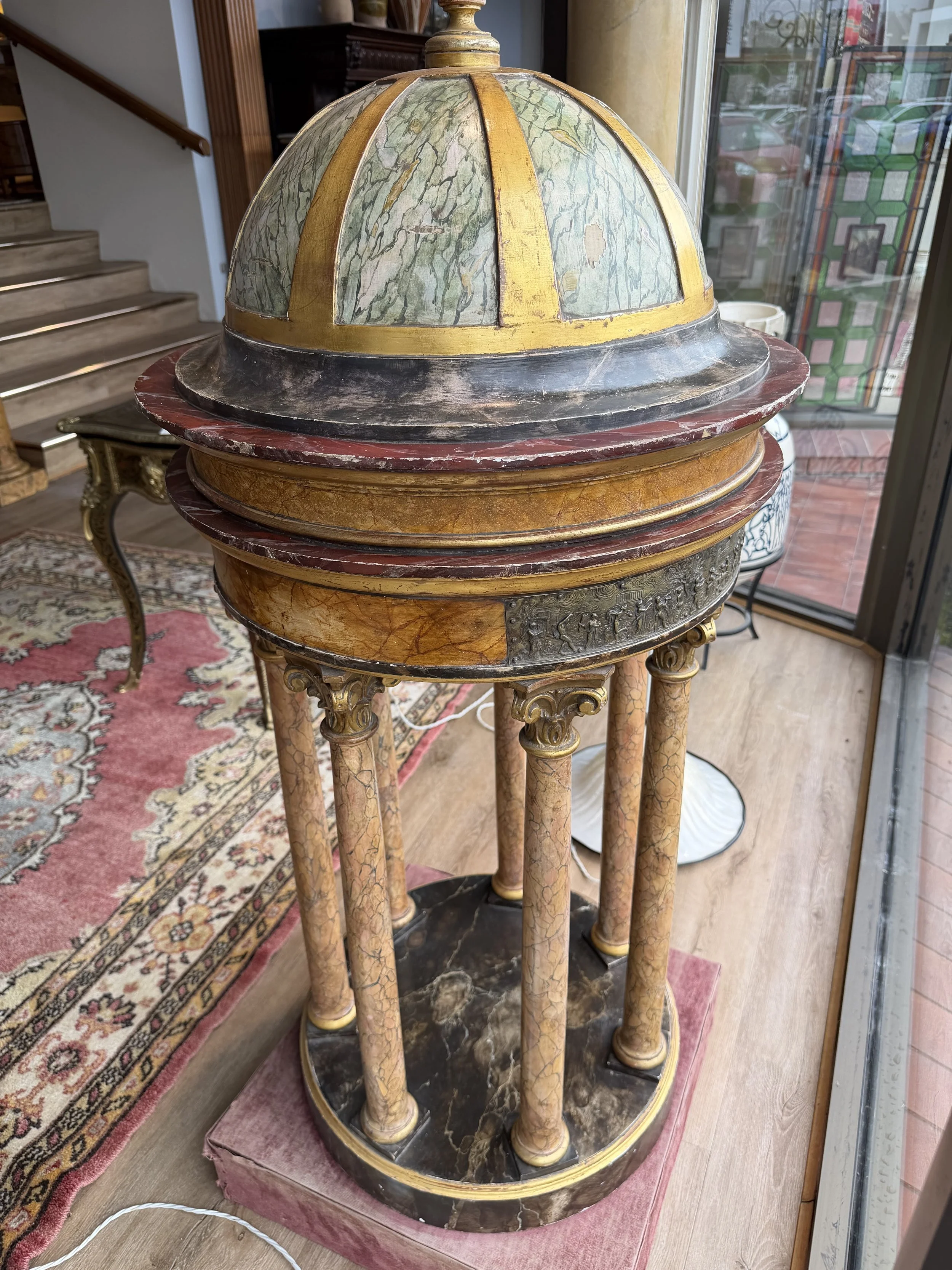 This is a picture of a large and wonderfully decorative early 19th century Grand Tour Italian marbled tempietto with a silvered bronze frieze depicting Phydia’s Parthenon frieze.