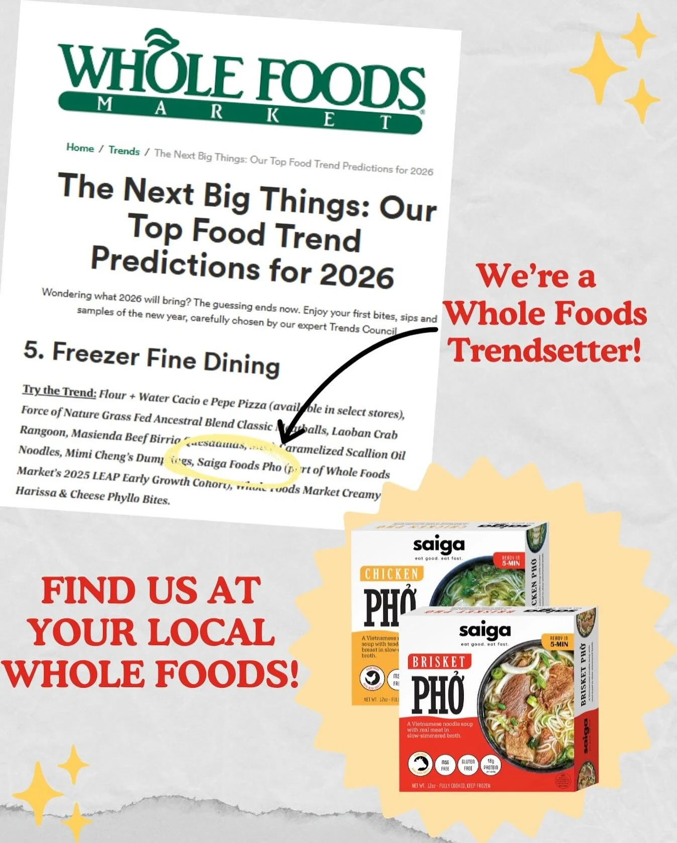 We&rsquo;re so excited to share that Saiga&rsquo;s Frozen Phở has been recognized as one of Whole Foods Market&rsquo;s Top Food Trends for 2026! 🥳🍜

What started as a family recipe has grown beyond our kitchen &mdash; thank you for supporting us al