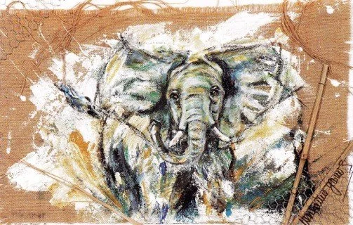 no 26 SCENE ELEFANT / Mischtechnik auf Tuch / 80 c 100 cm gerahmt