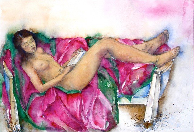 N0 389 MITTAGSSCHLÄFCHEN AQUARELLE / 52 X 36 CM