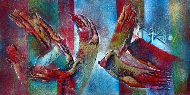 no 439 SINGVÖGEL / Collage auf Karton / 17x34 cm