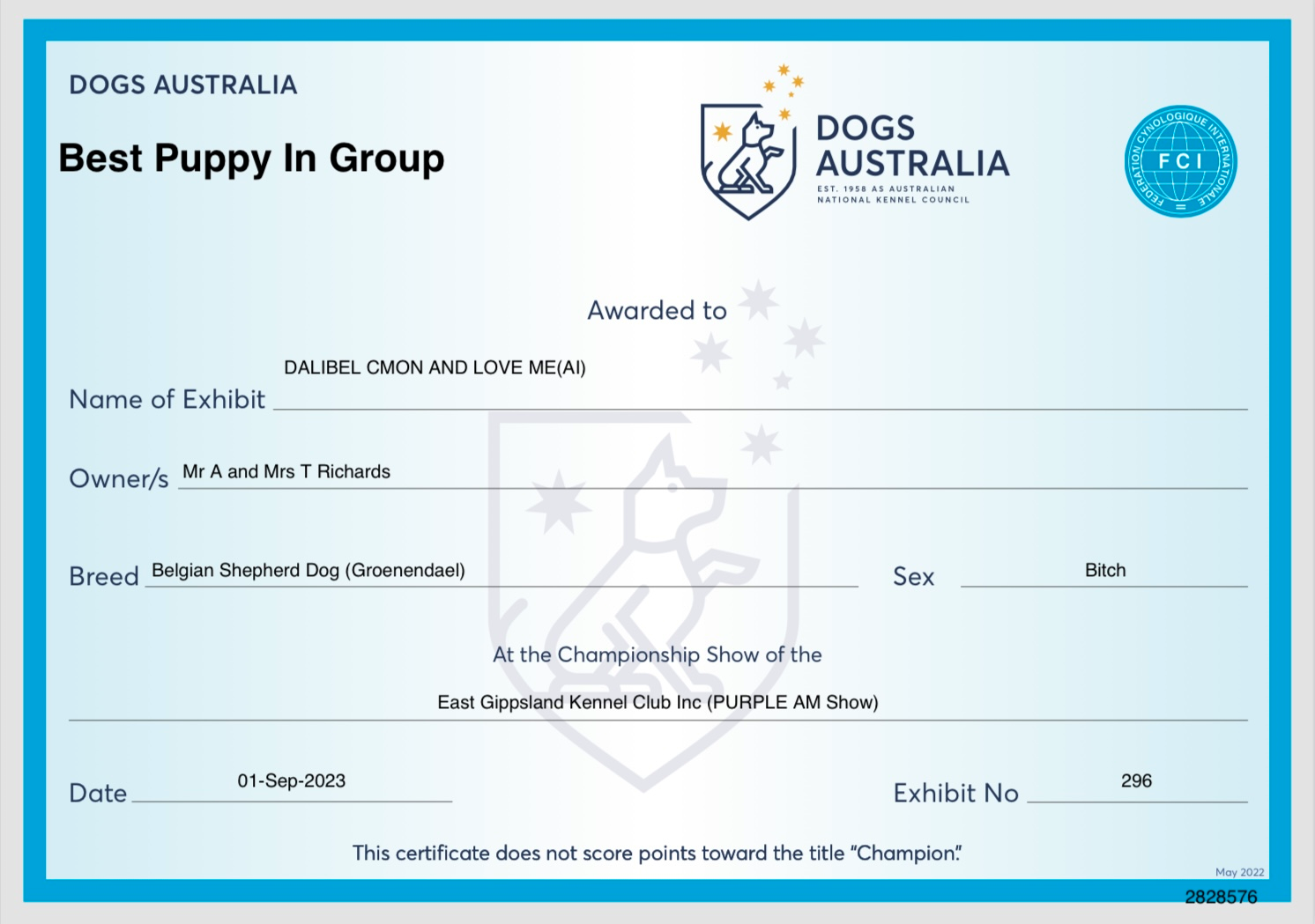 Bels certificate for Puppy in Group