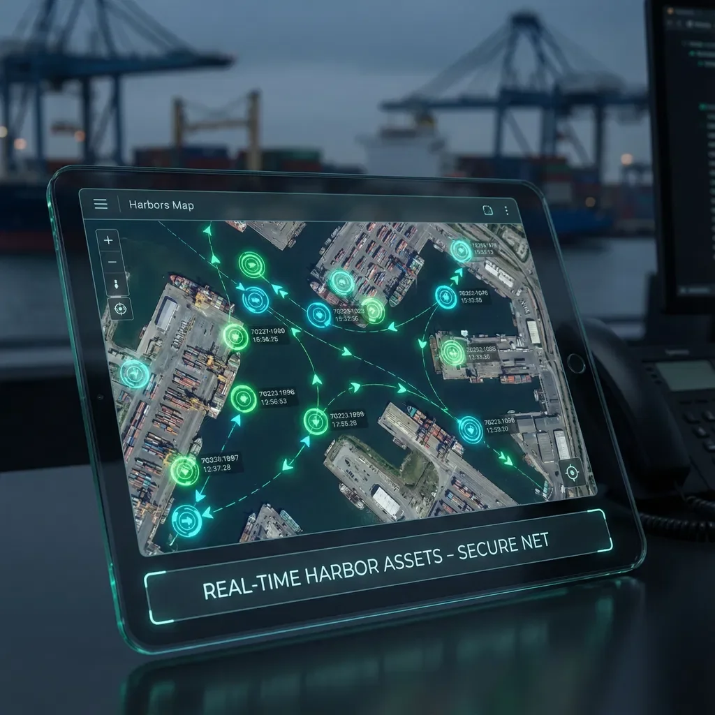 Et lager med hyller fylt med esker, digitalt grensesnitt over en del av bildet.