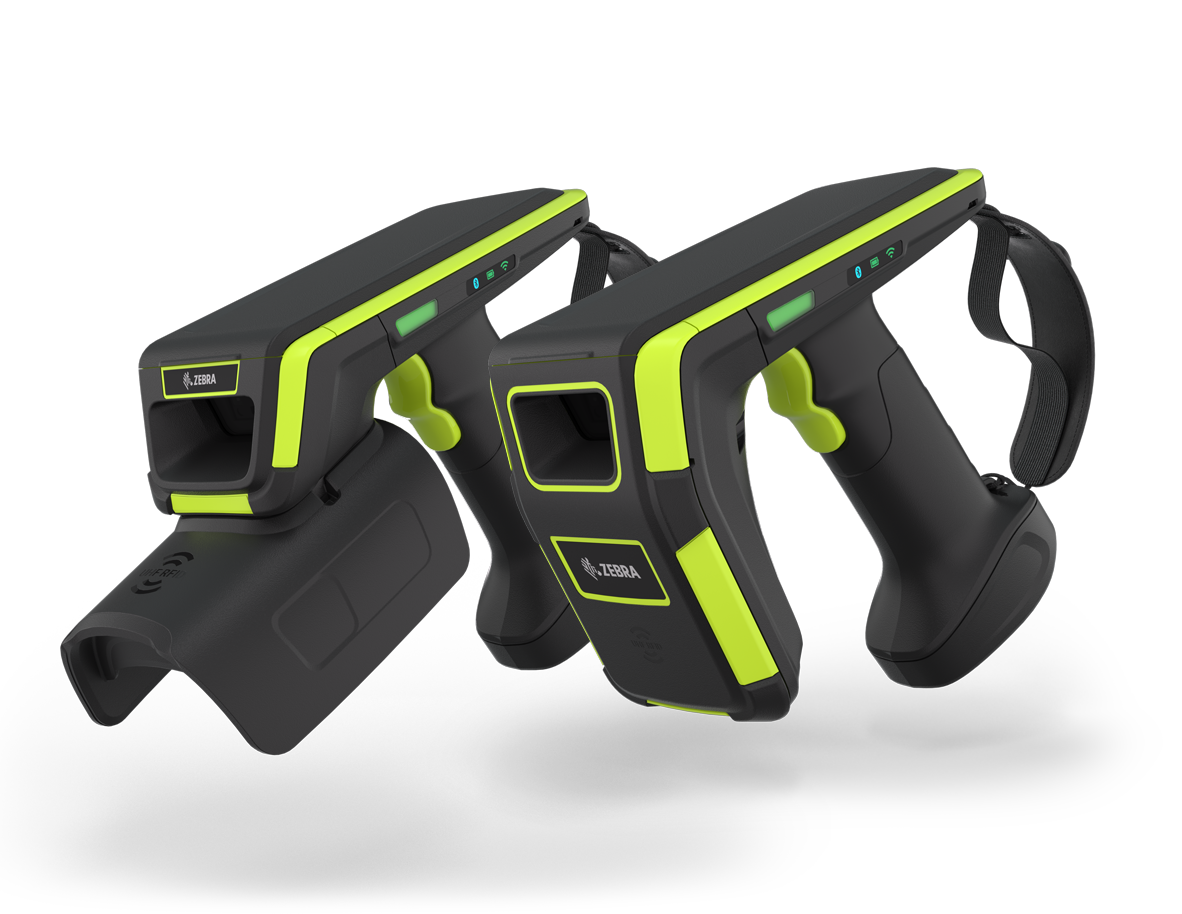 To Zebra håndholdte dataskannere med trådløse tilkoblinger, svarte med grønne detaljer.