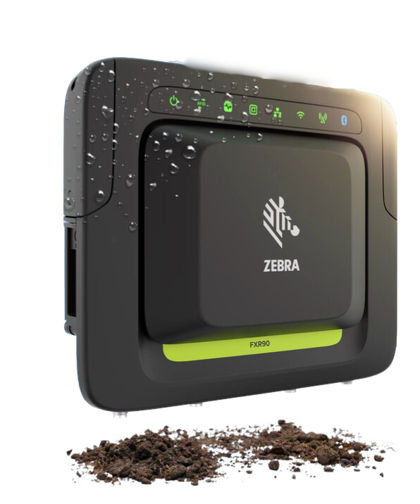 En Zebra merkemaskin plassert over jord og jordbiter, med vann- og status-ikoner på toppen.