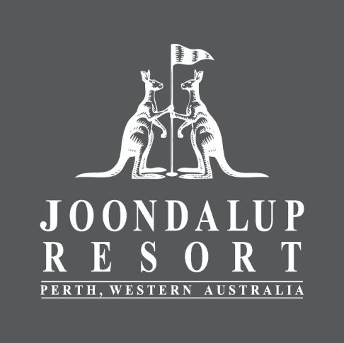 Logo for Joondalup Resort in Perth, Western Australia featuring two kangaroos holding a tennis flag.