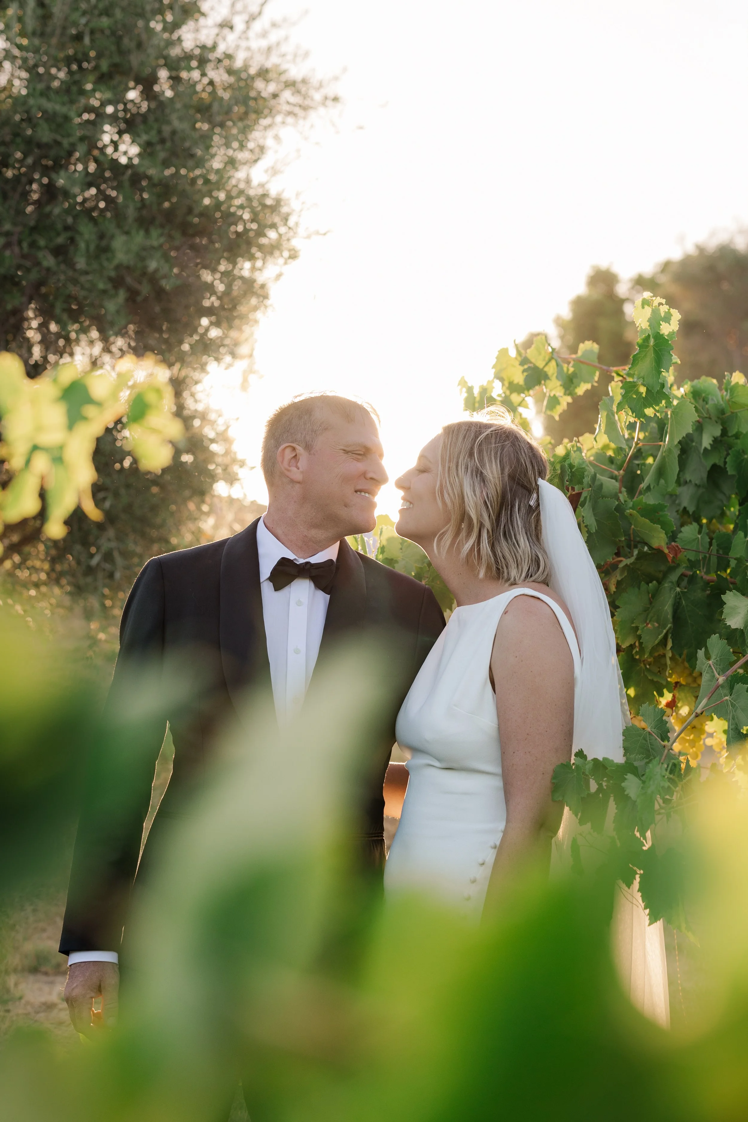 A newlywed couple stands close together outdoors, smiling at each other, surrounded by greenery and grapevines, with bright sunlight in the background.